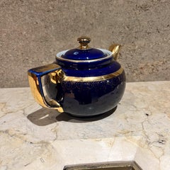 1950s Hall China Company Ceramic Tea Pot Dark Blue and Gold