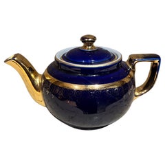 1950s Hall China Company Ceramic Tea Pot Dark Blue and Gold