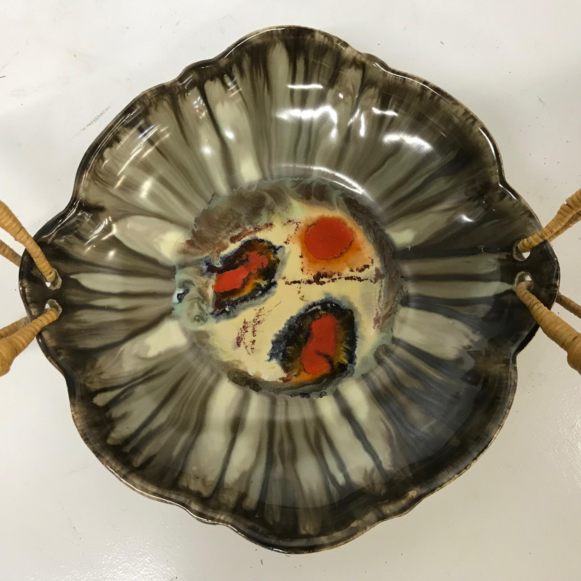 1950s Japanese Art Colorful Glazed Ceramic Serving Bowl  5