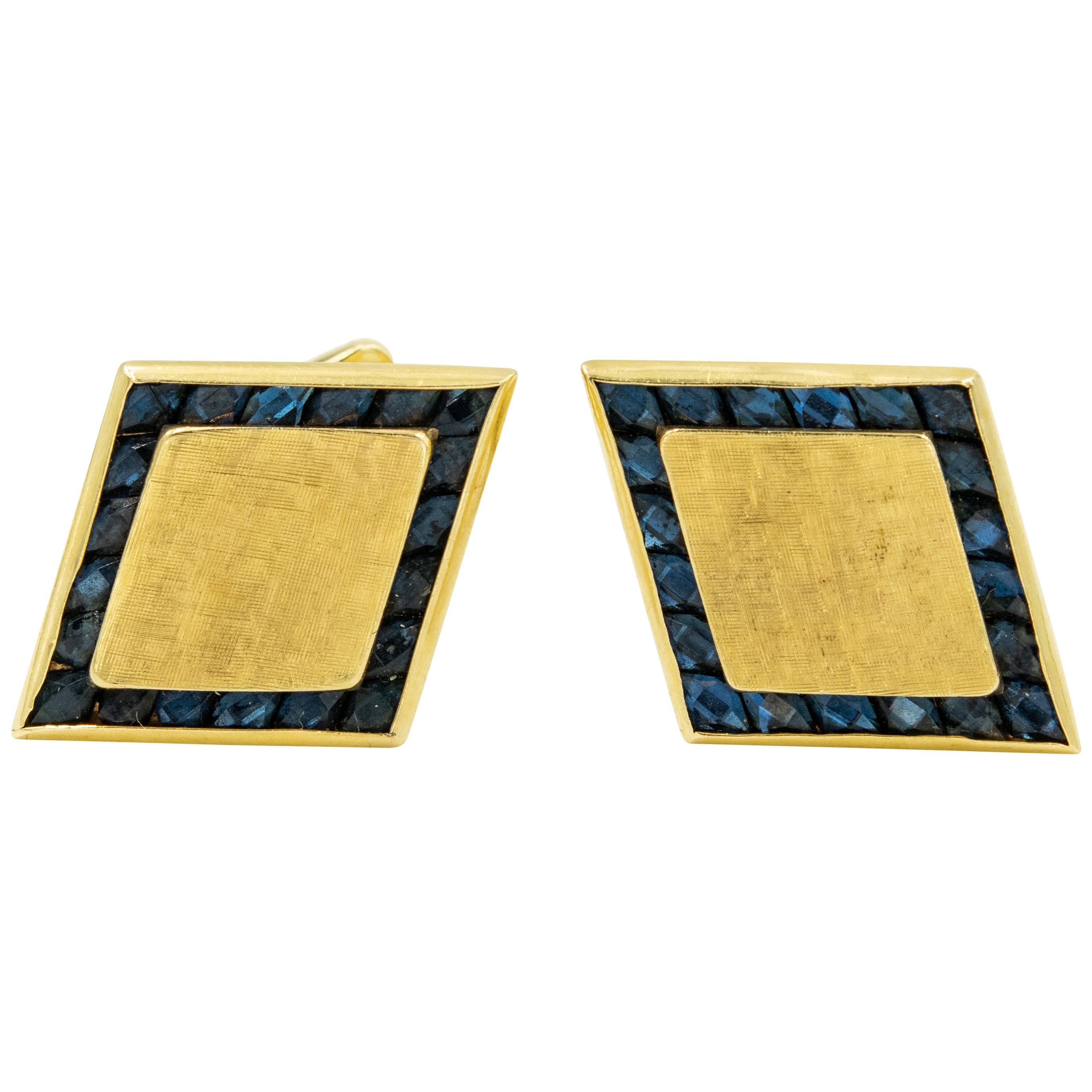 1950s Lucian Piccard Diamond Shaped Sapphire Yellow Gold Cufflinks