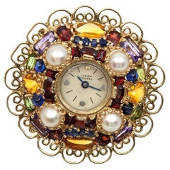 1950s LUCIEN PICCARD 14K Yellow Gold Multicolor Gemstone Watch Brooch