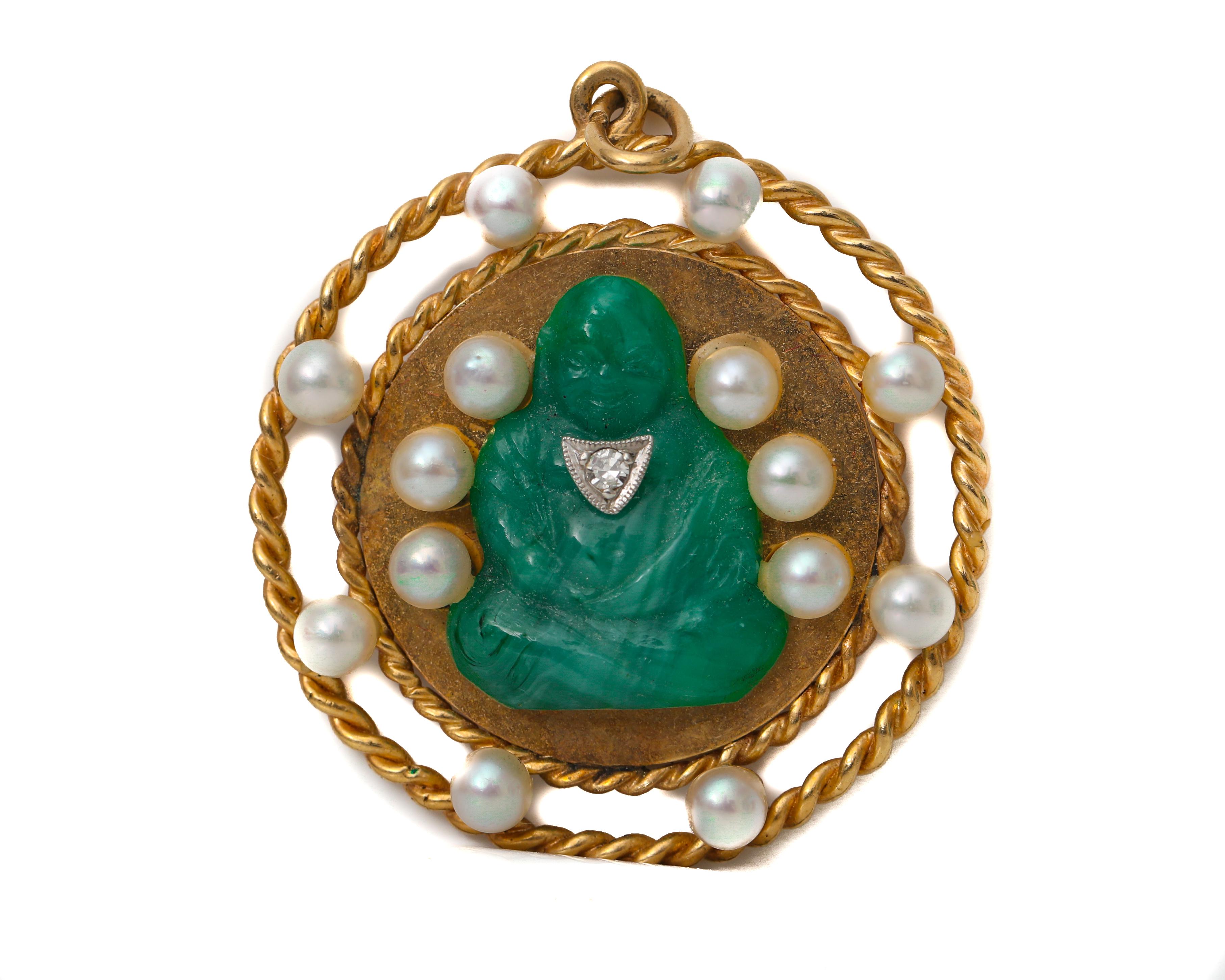 Round Cut 1950s Lucky Buddha Jade Pendant with Single Cut Diamond and Pearls For Sale
