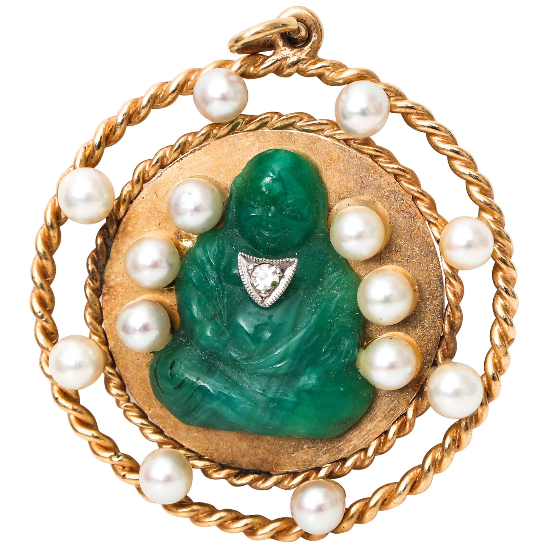 1950s Lucky Buddha Jade Pendant with Single Cut Diamond and Pearls For Sale