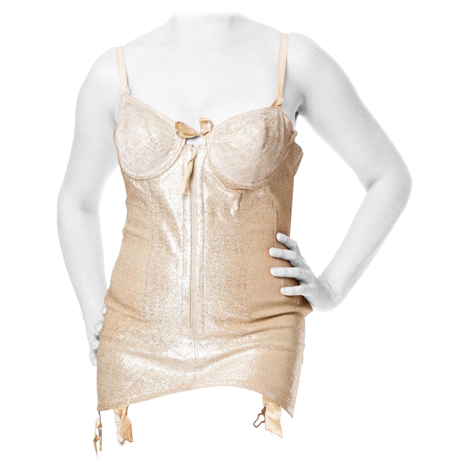 1950S Metallic Gold Poly Lurex Stretch Showgirl Pin-Up Bustier For Sale