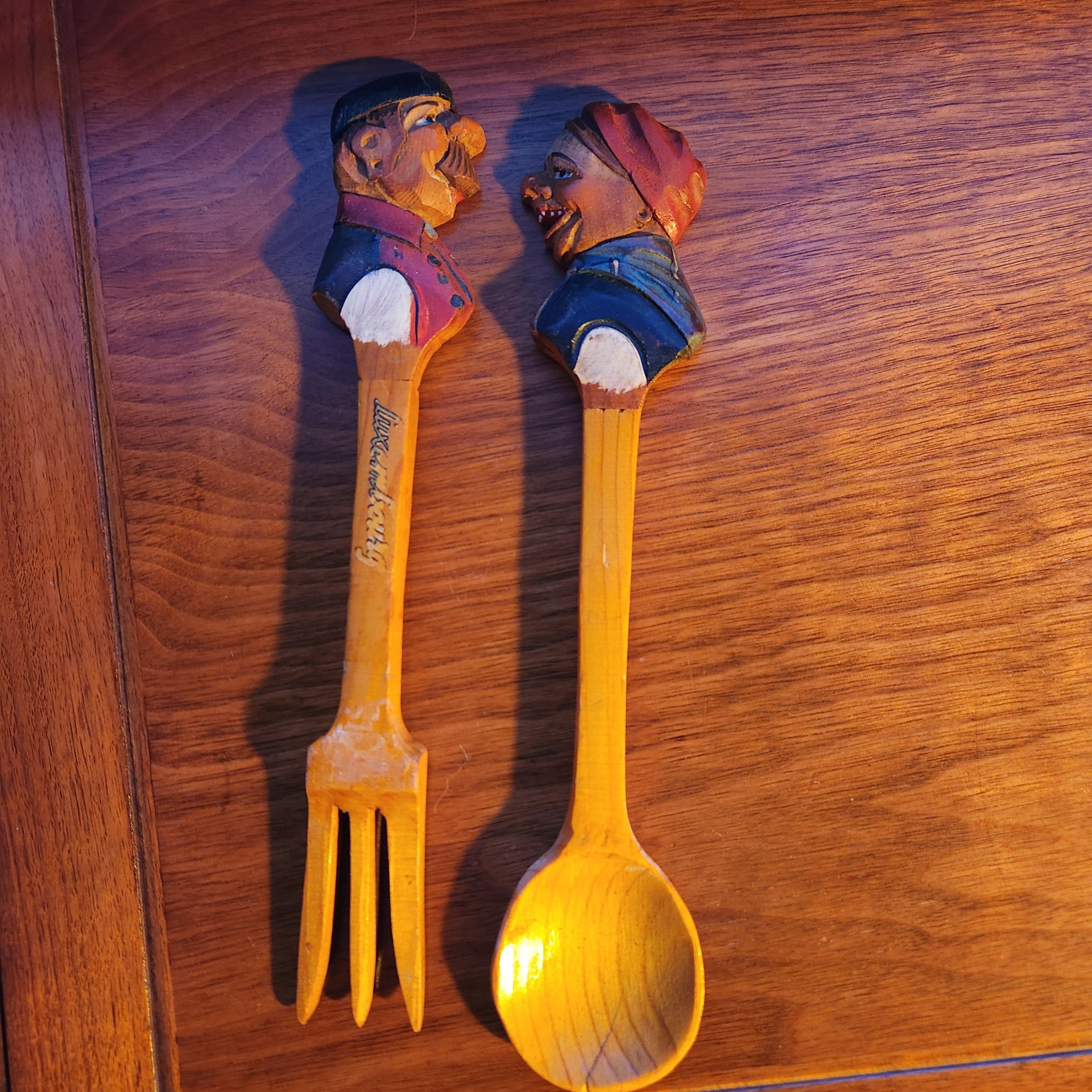 Italian 1950s Luxembourg Man Woman Hand Carved Wood Salad Server Set Italy For Sale