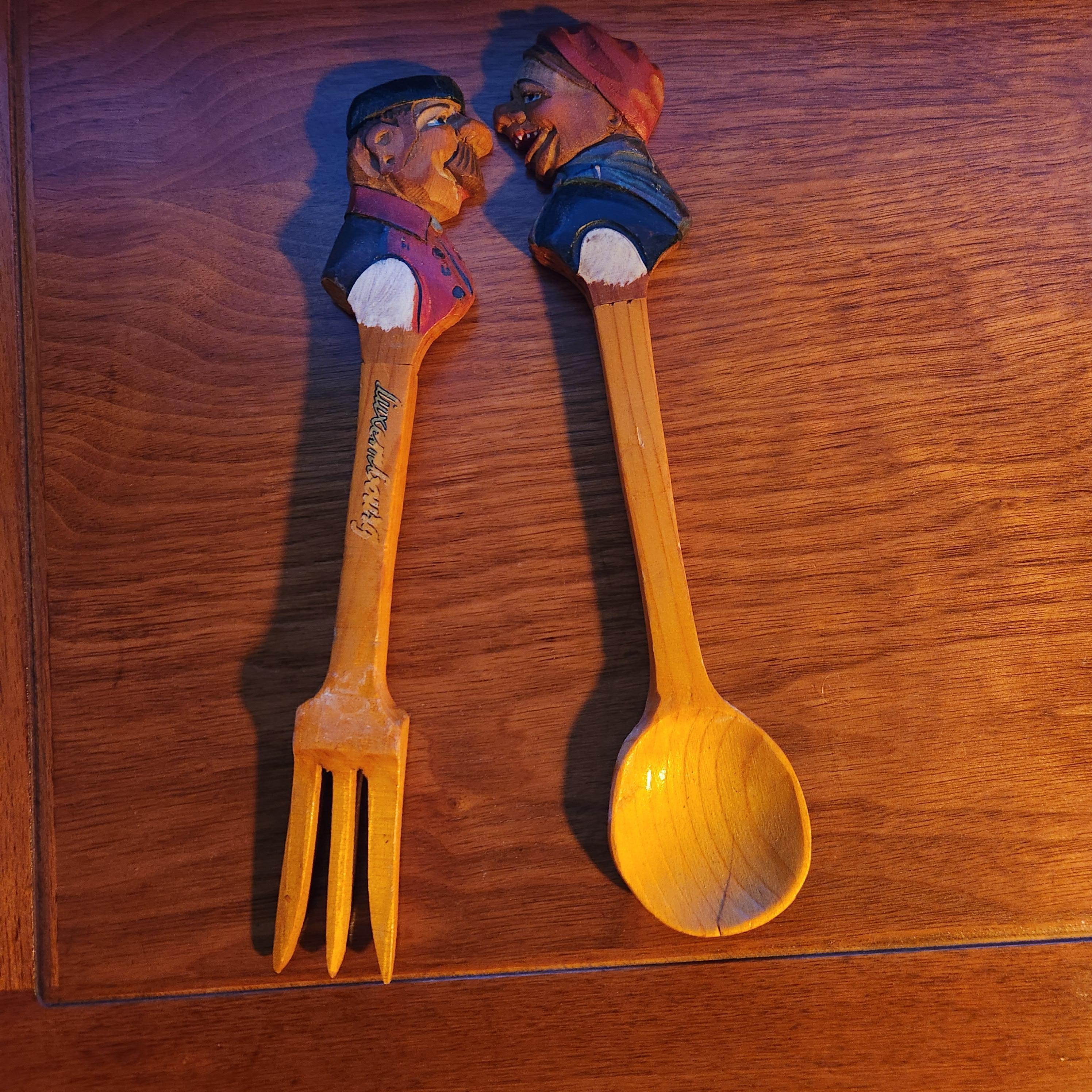 1950s Luxembourg Man Woman Hand Carved Wood Salad Server Set Italy For Sale 2