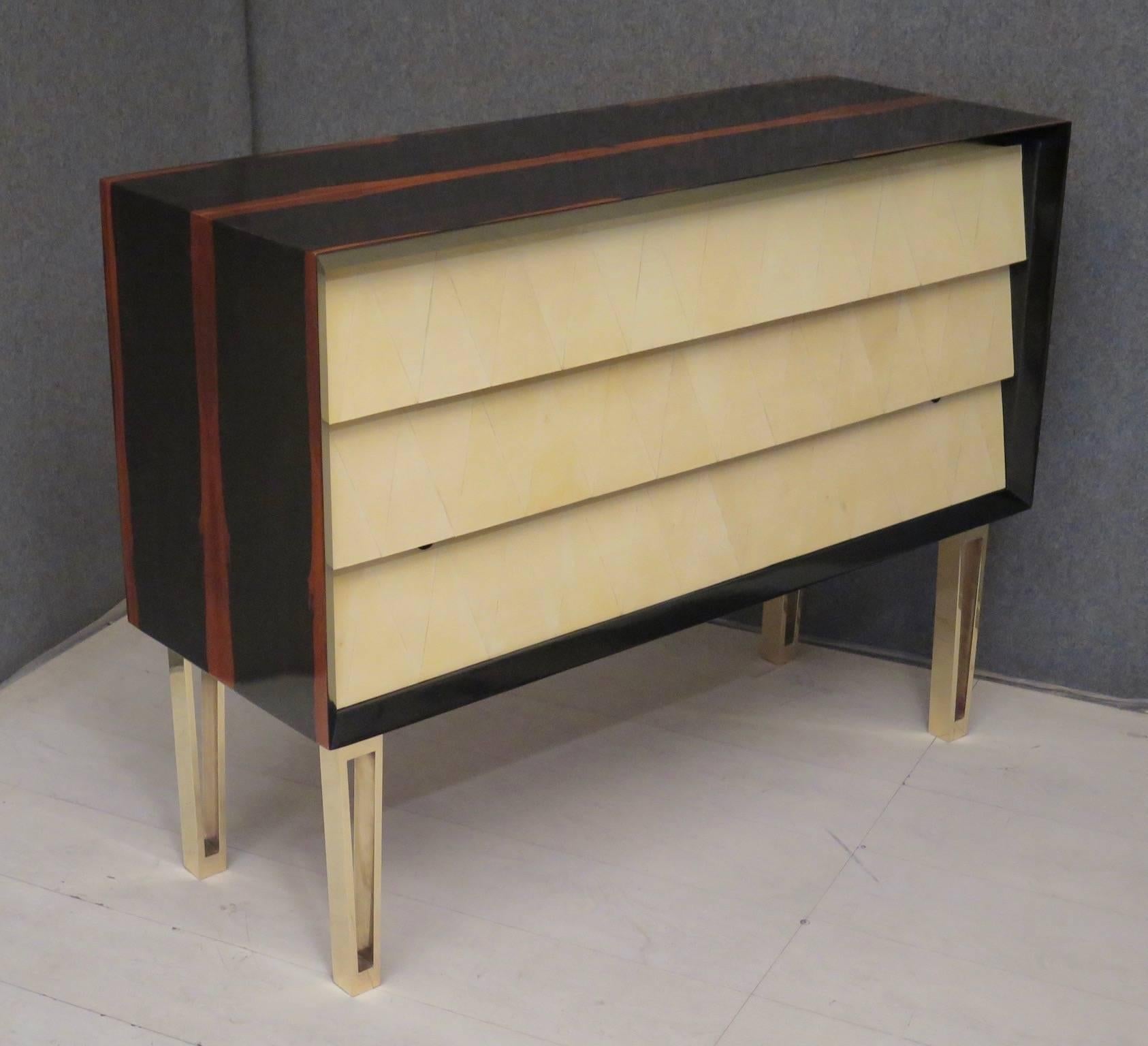 Mid-Century Modern 1950s Macassar Parchment and Brass Midcentury Italian Chests of Drawers