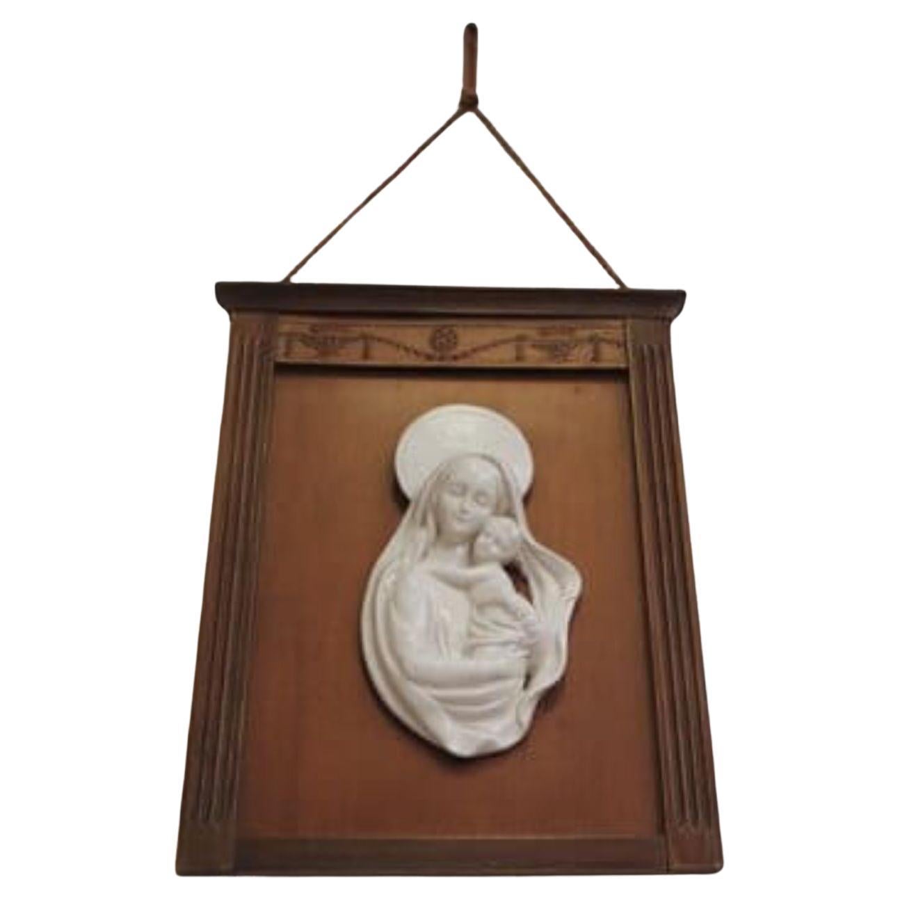1950s Madonna and Child Ceramic Plaque in Carved Wooden Frame - Italian Religiou