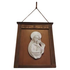1950s Madonna and Child Ceramic Plaque in Carved Wooden Frame - Italian Religiou