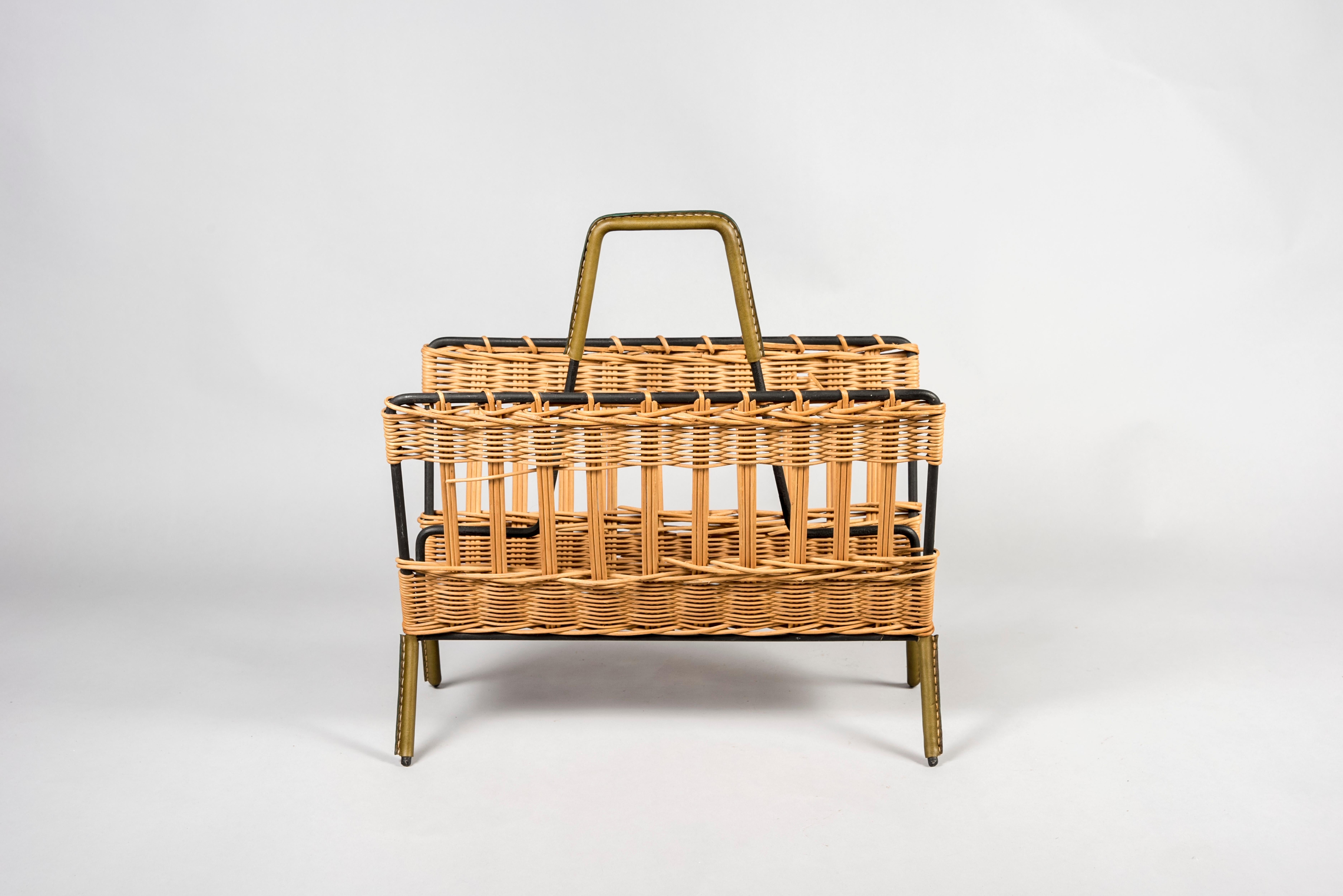 French 1950's Magazines Rack in Rattan and Stitched Leather by Jacques Adnet