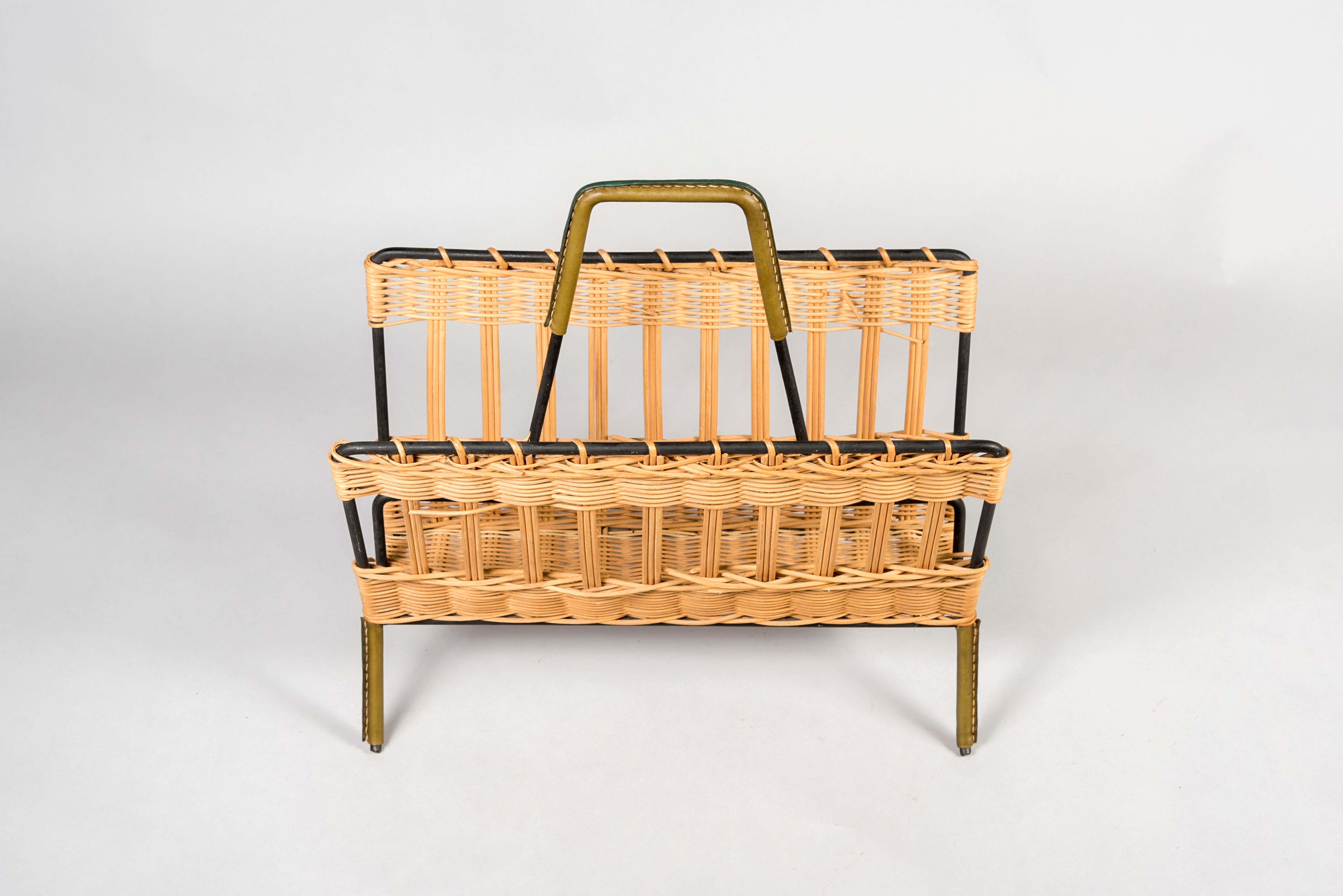 Mid-20th Century 1950's Magazines Rack in Rattan and Stitched Leather by Jacques Adnet