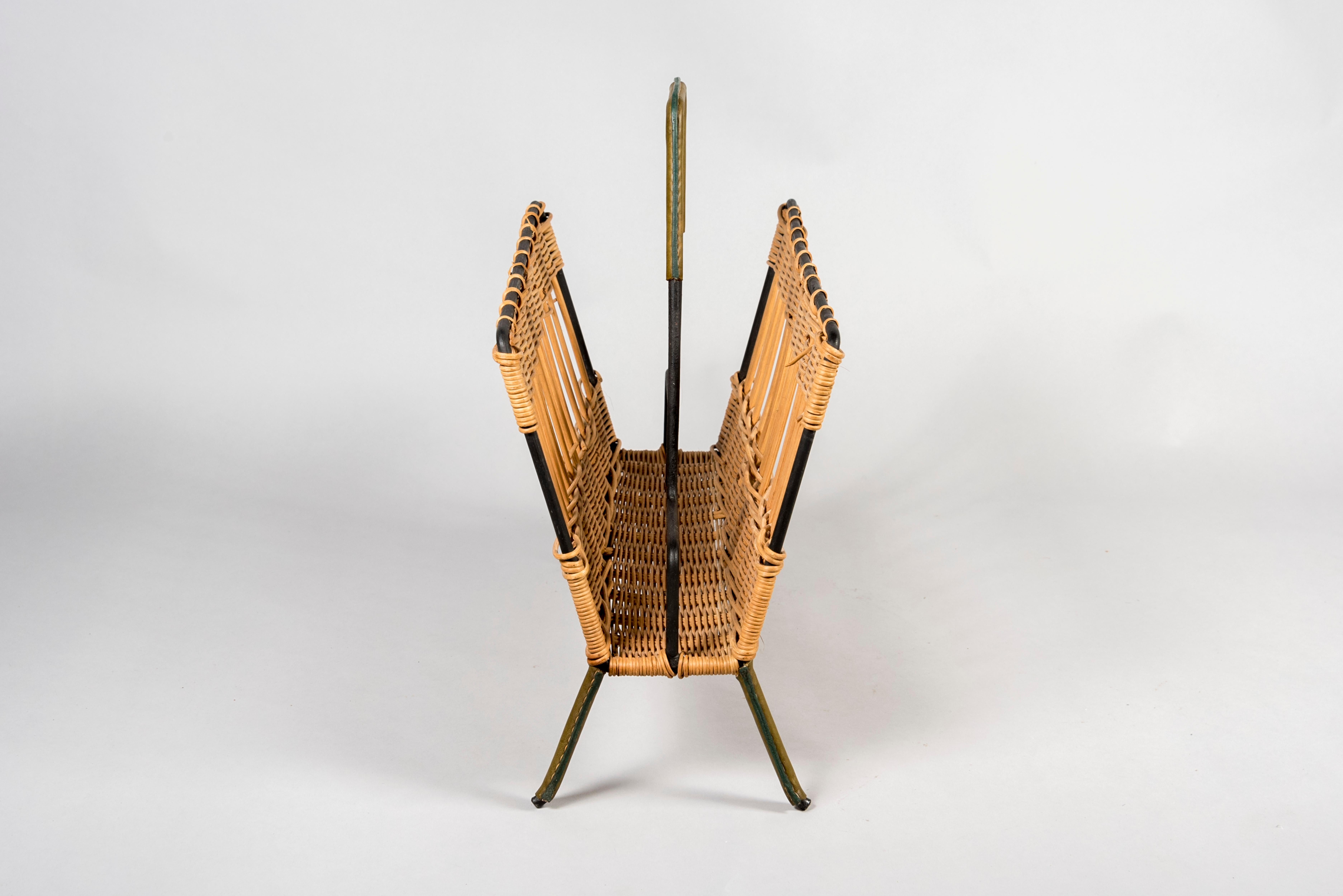 1950's Magazines Rack in Rattan and Stitched Leather by Jacques Adnet 1