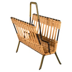 1950's Magazines Rack in Rattan and Stitched Leather by Jacques Adnet