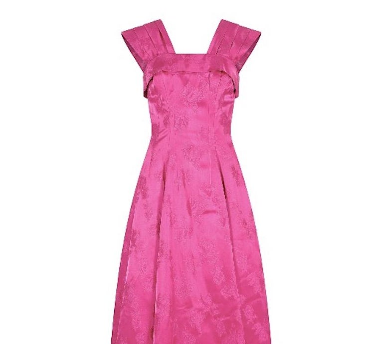 1950s Magenta Jacquard Print Floral Evening Dress For Sale at 1stDibs