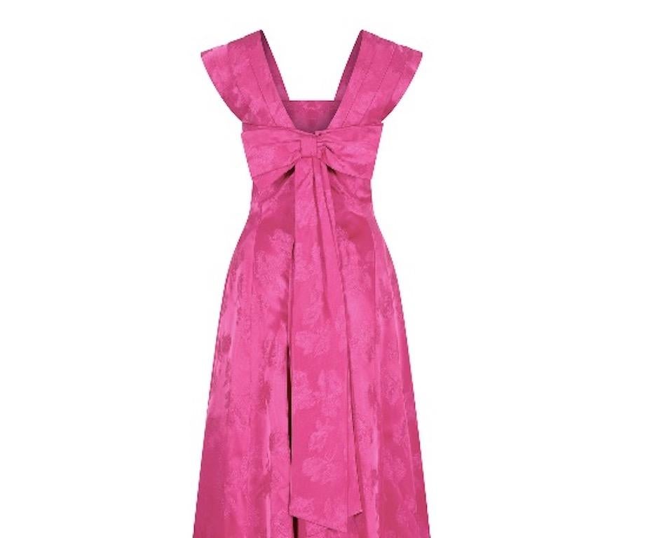 Pink 1950s Magenta Jacquard Print Floral Evening Dress For Sale