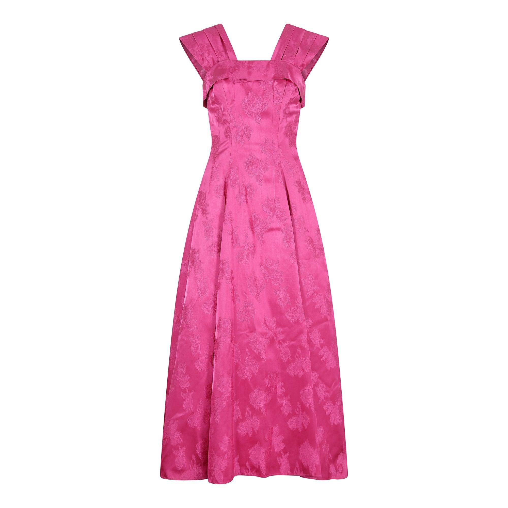 1950s Magenta Jacquard Print Floral Evening Dress
