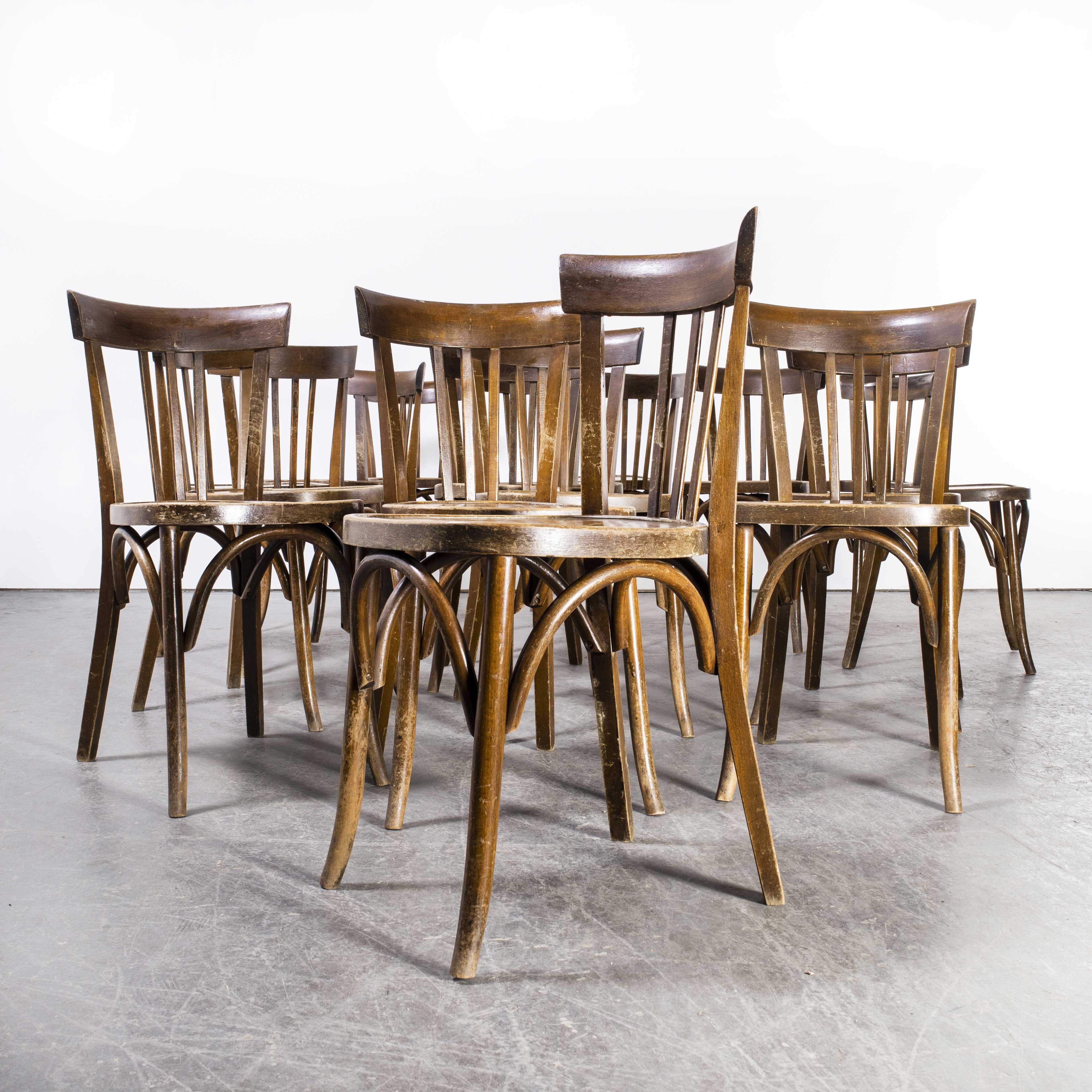 French 1950's Mahieu Bentwood Dark Tan Dining Chairs, Set of Sixteen