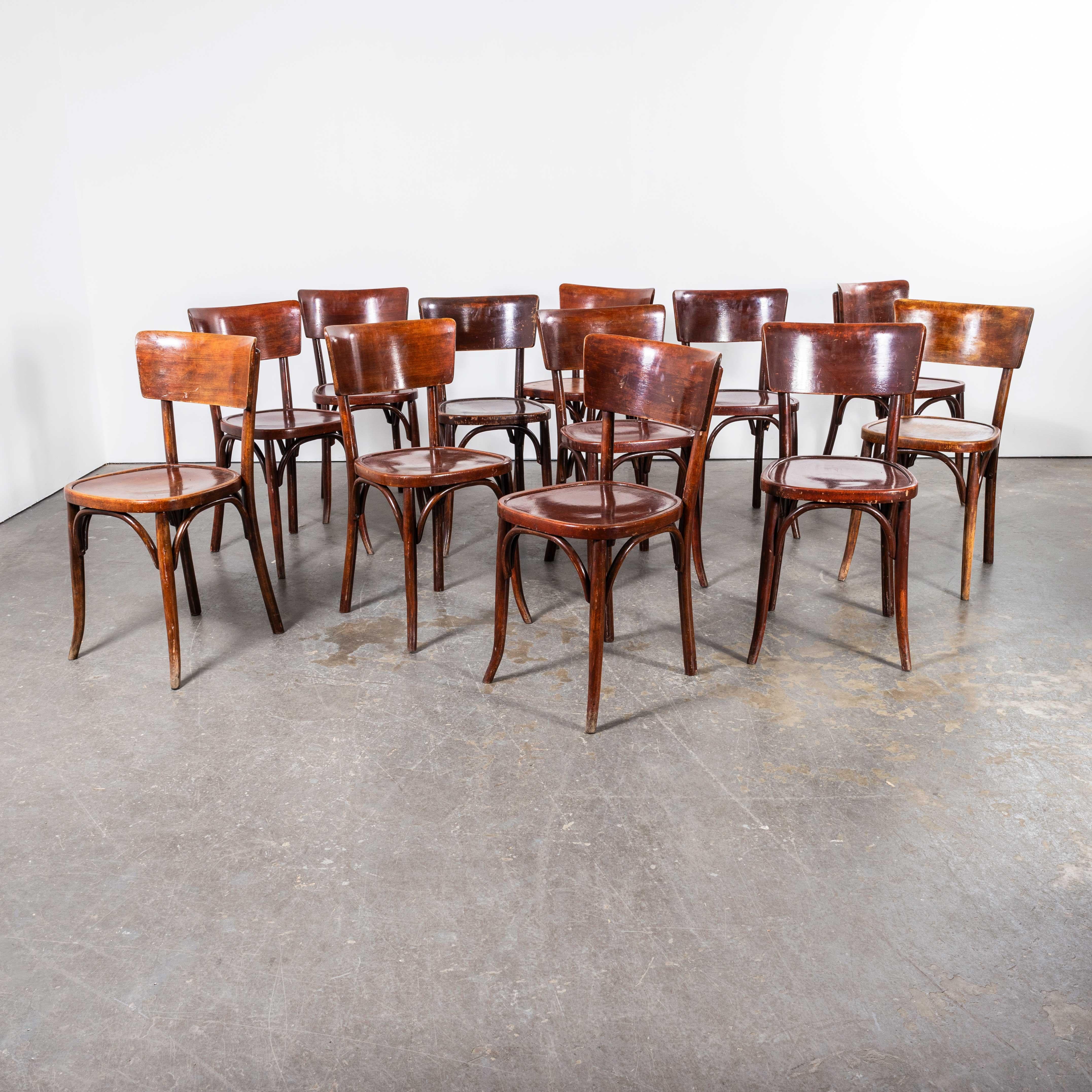 French 1950's Mahieu Bentwood Dark Tan Dining Chairs - Set Of Twelve