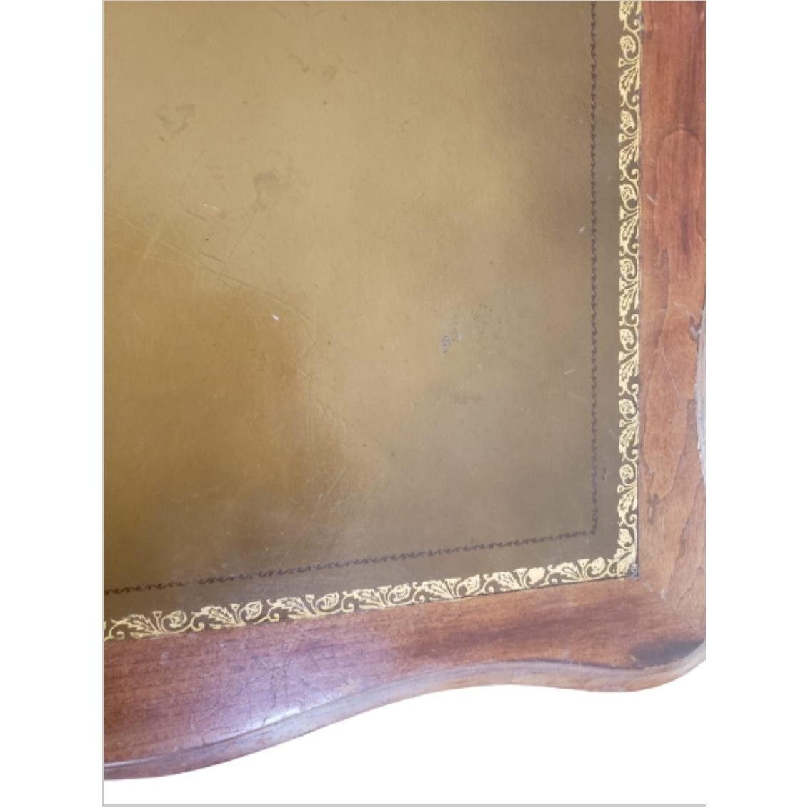 North American 1950s Mahogany Coffee Table with Leather and Stenciling Top For Sale