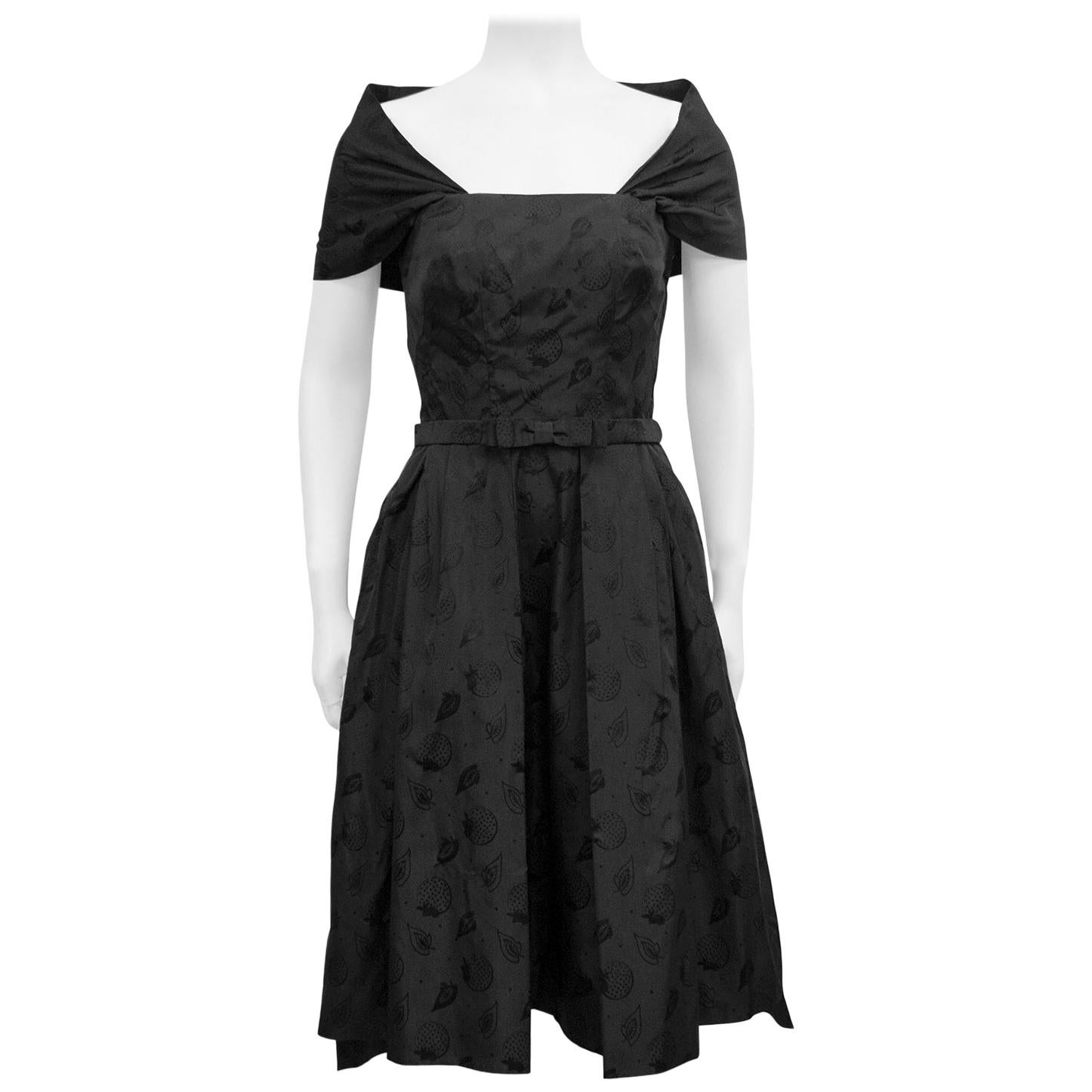 1950s Mainbocher Black Silk Jacquard Cocktail Dress with Leaf and ...