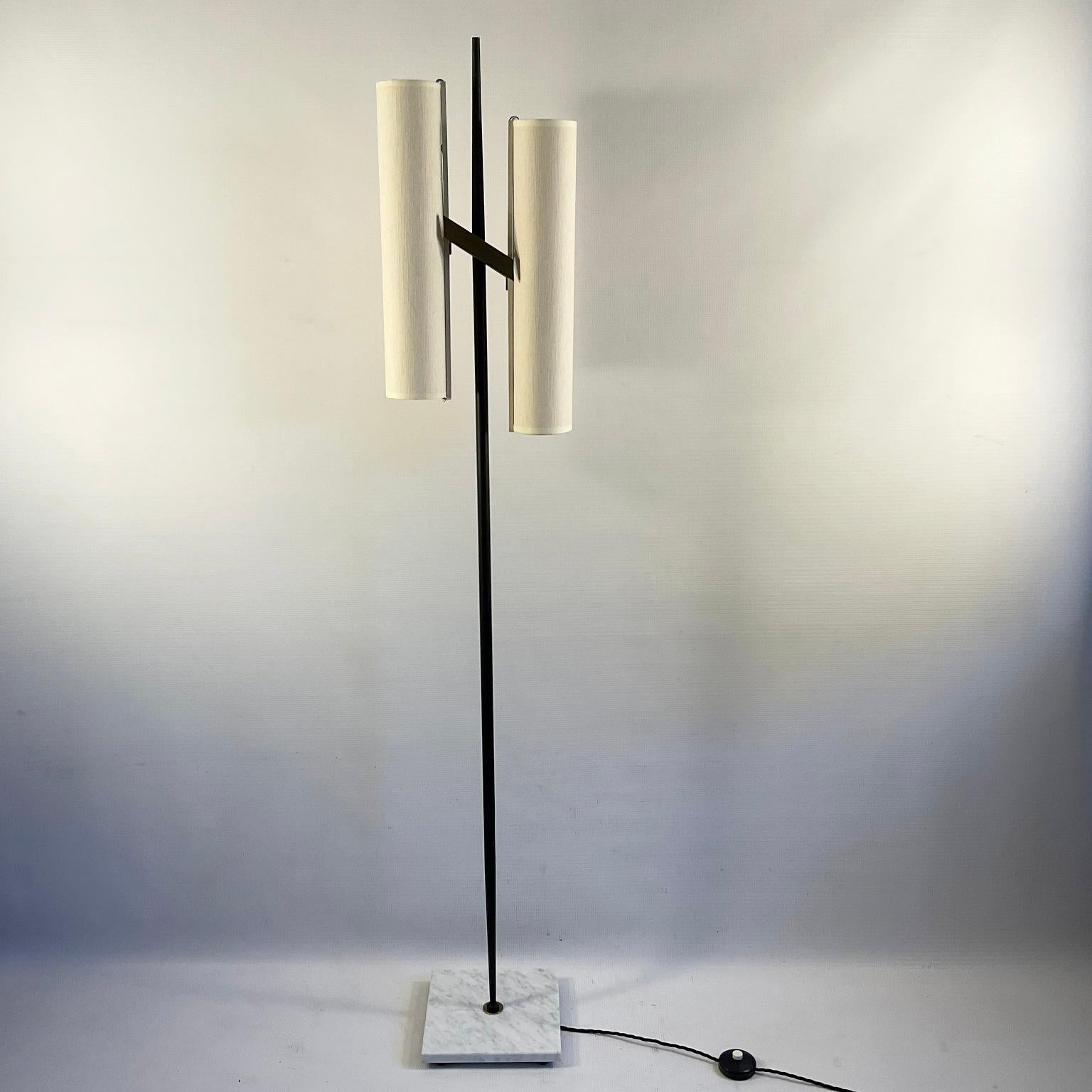 1950s Floor Lamp Attributed to Maison Arlus with Linen Lampshades For Sale 2