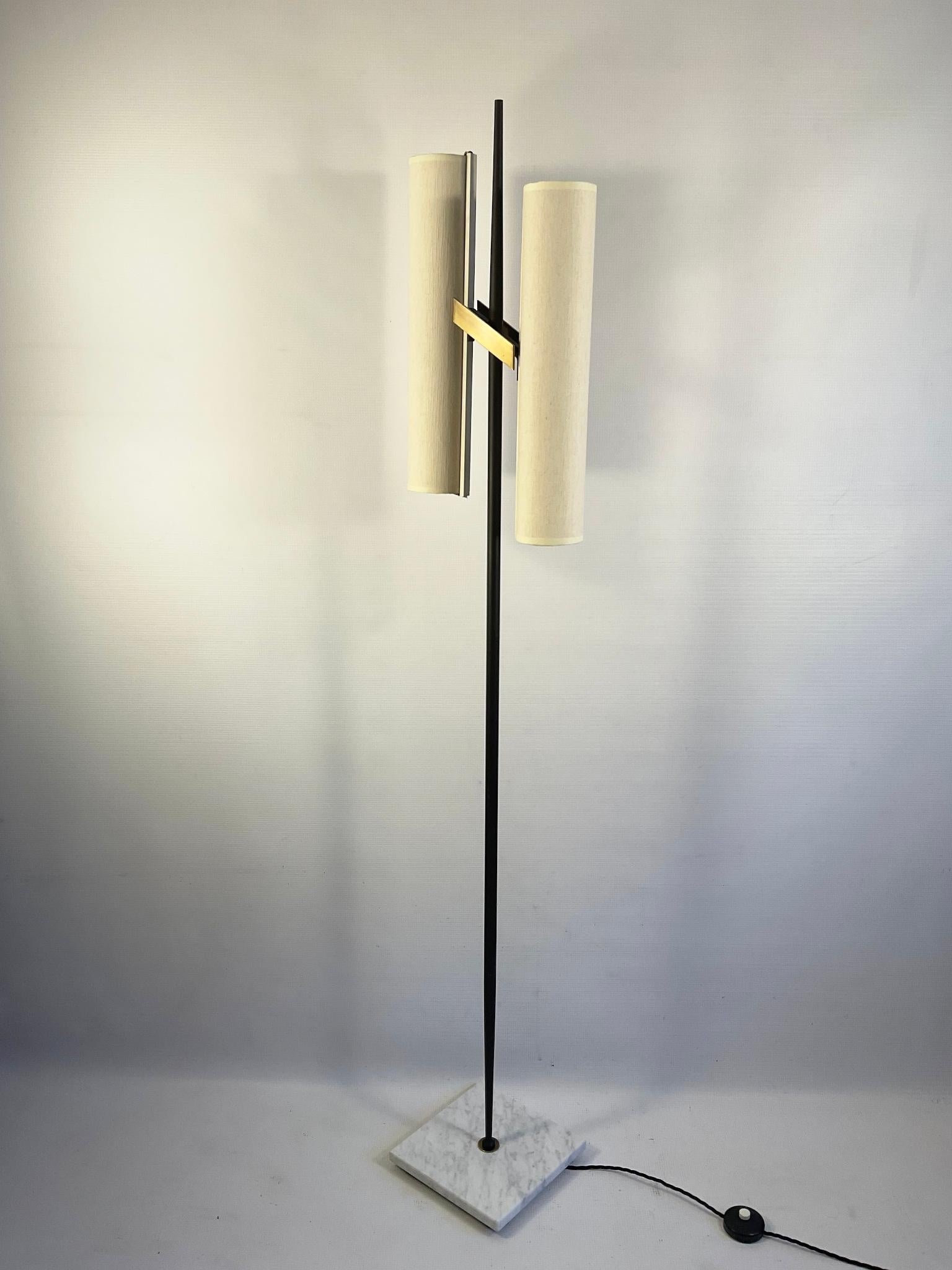 1950s Floor Lamp Attributed to Maison Arlus with Linen Lampshades For Sale 4