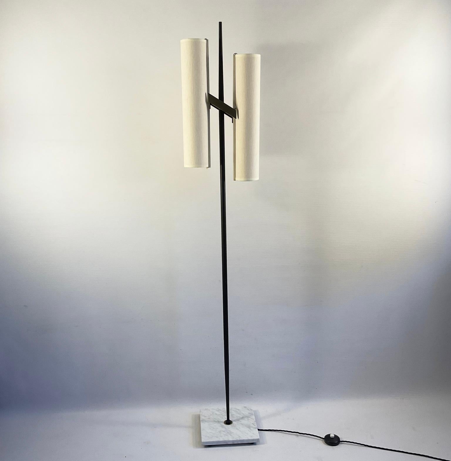 1950s Floor Lamp Attributed to Maison Arlus with Linen Lampshades For Sale 7