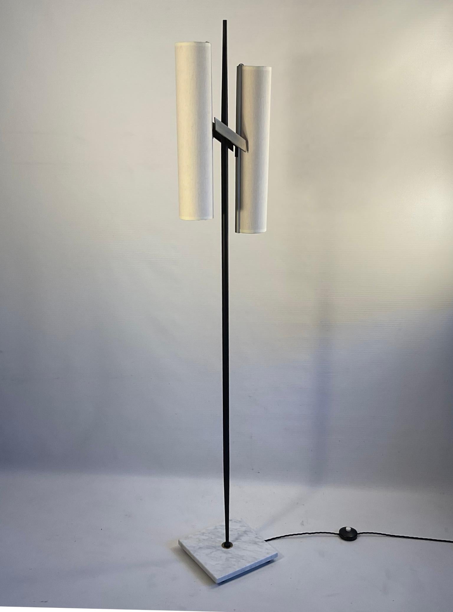 Mid-Century Modern 1950s Floor Lamp Attributed to Maison Arlus with Linen Lampshades For Sale