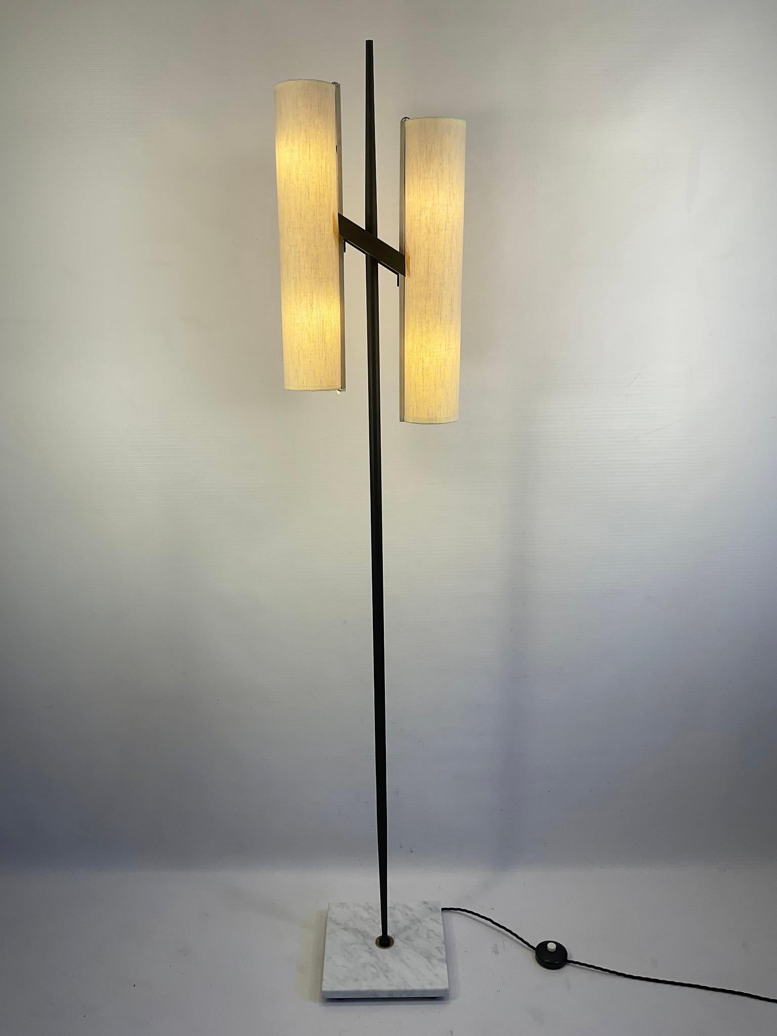 Metalwork 1950s Floor Lamp Attributed to Maison Arlus with Linen Lampshades For Sale