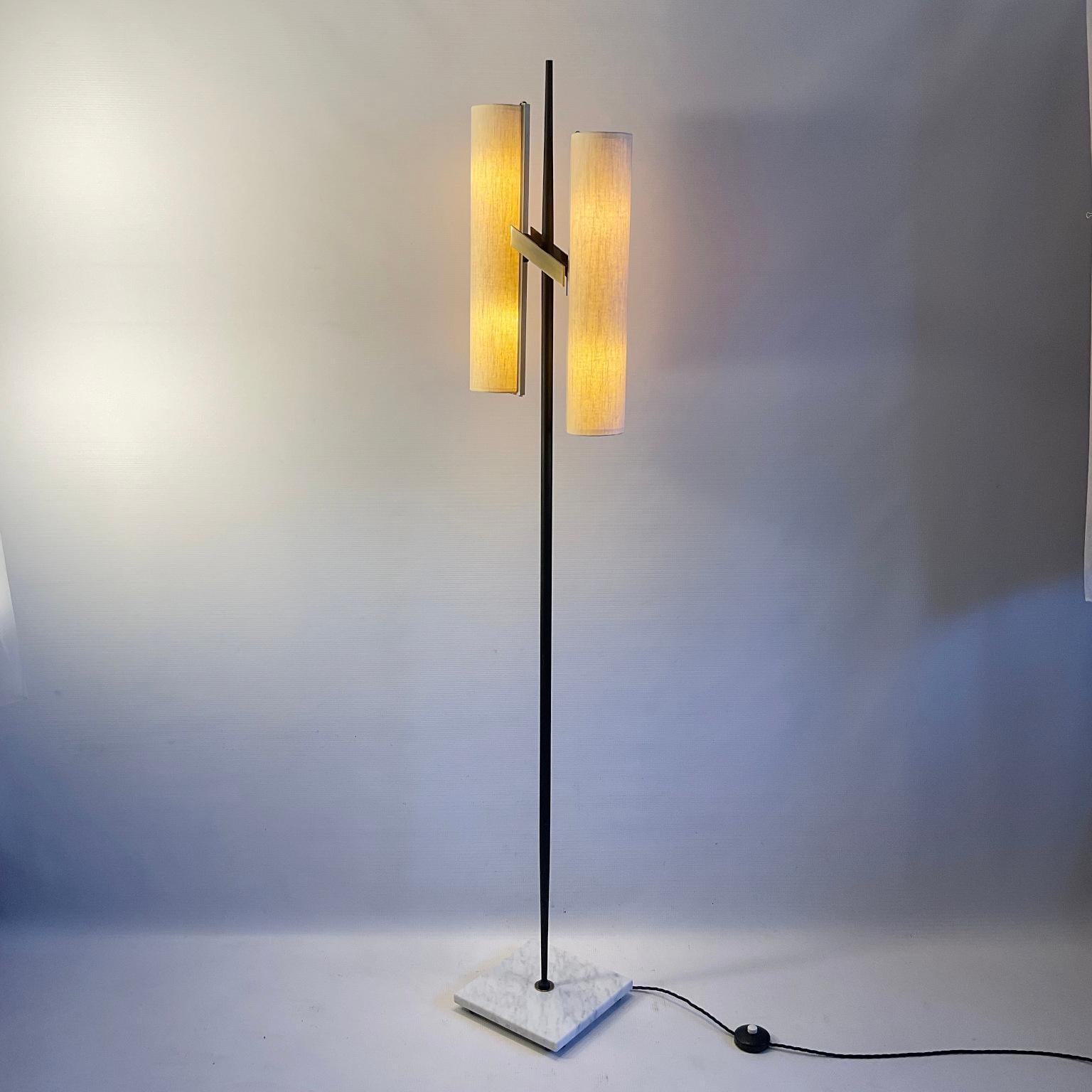 Metal 1950s Floor Lamp Attributed to Maison Arlus with Linen Lampshades For Sale