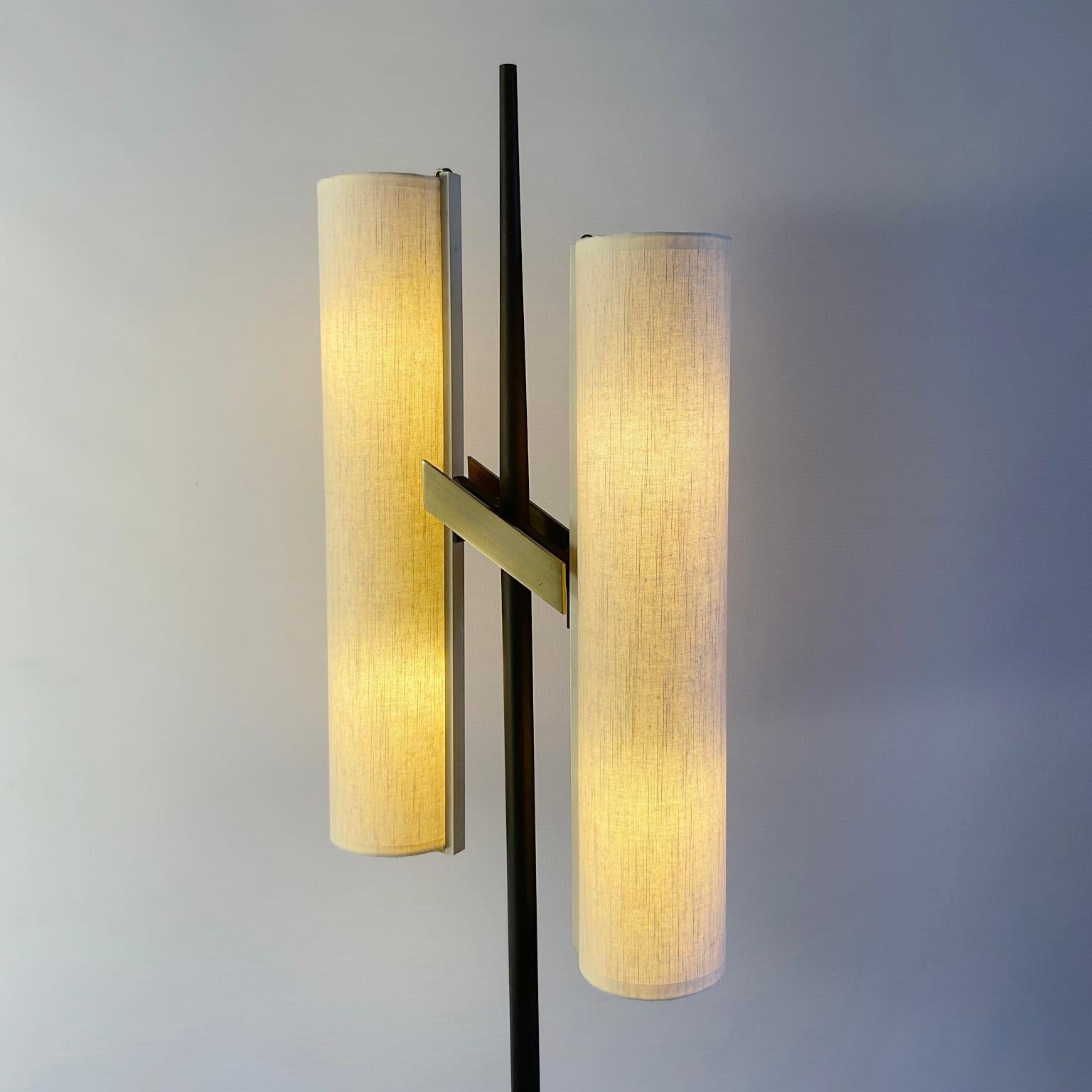 1950s Floor Lamp Attributed to Maison Arlus with Linen Lampshades For Sale 1