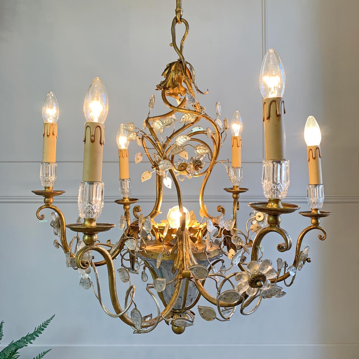 Mid-Century Modern 1950's Banci Firenze Gold Crystal Floral Chandelier For Sale