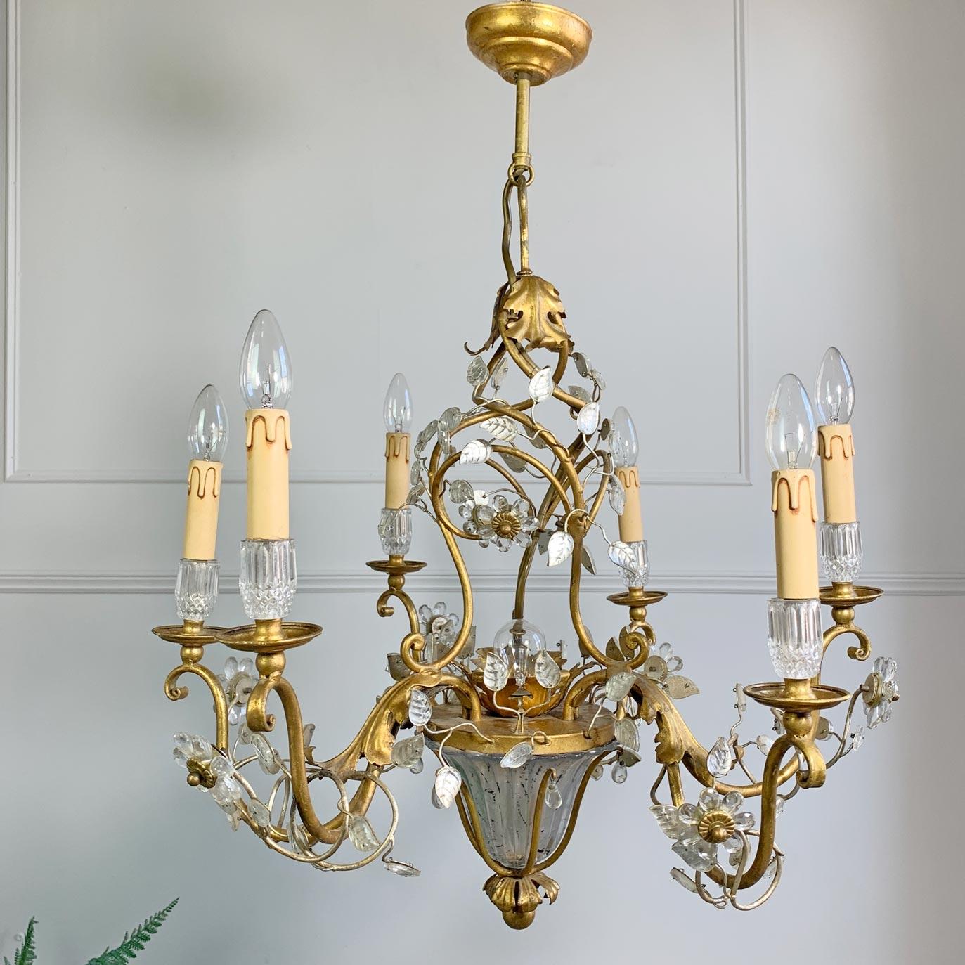 French 1950's Banci Firenze Gold Crystal Floral Chandelier For Sale