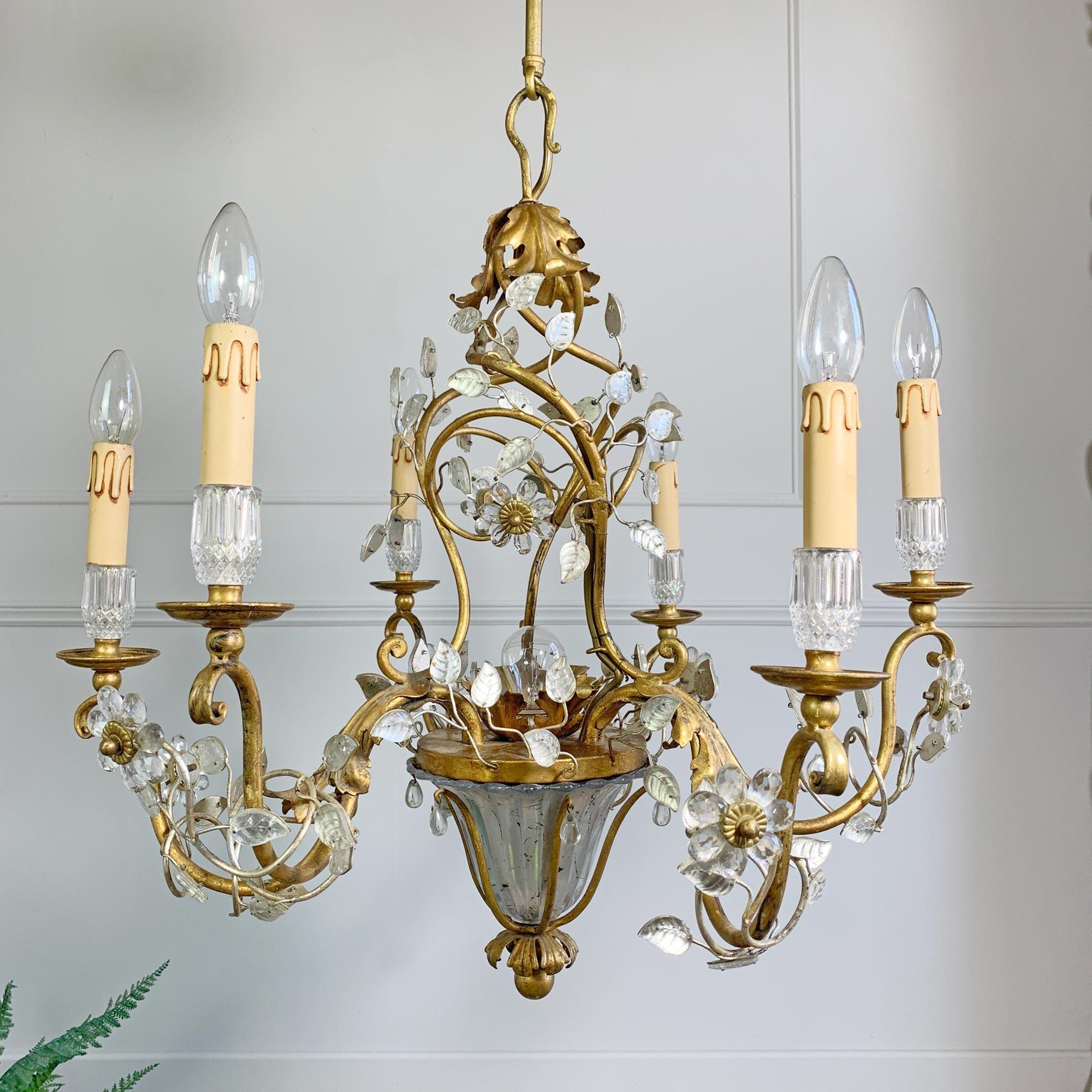1950's Banci Firenze Gold Crystal Floral Chandelier In Good Condition For Sale In Hastings, GB