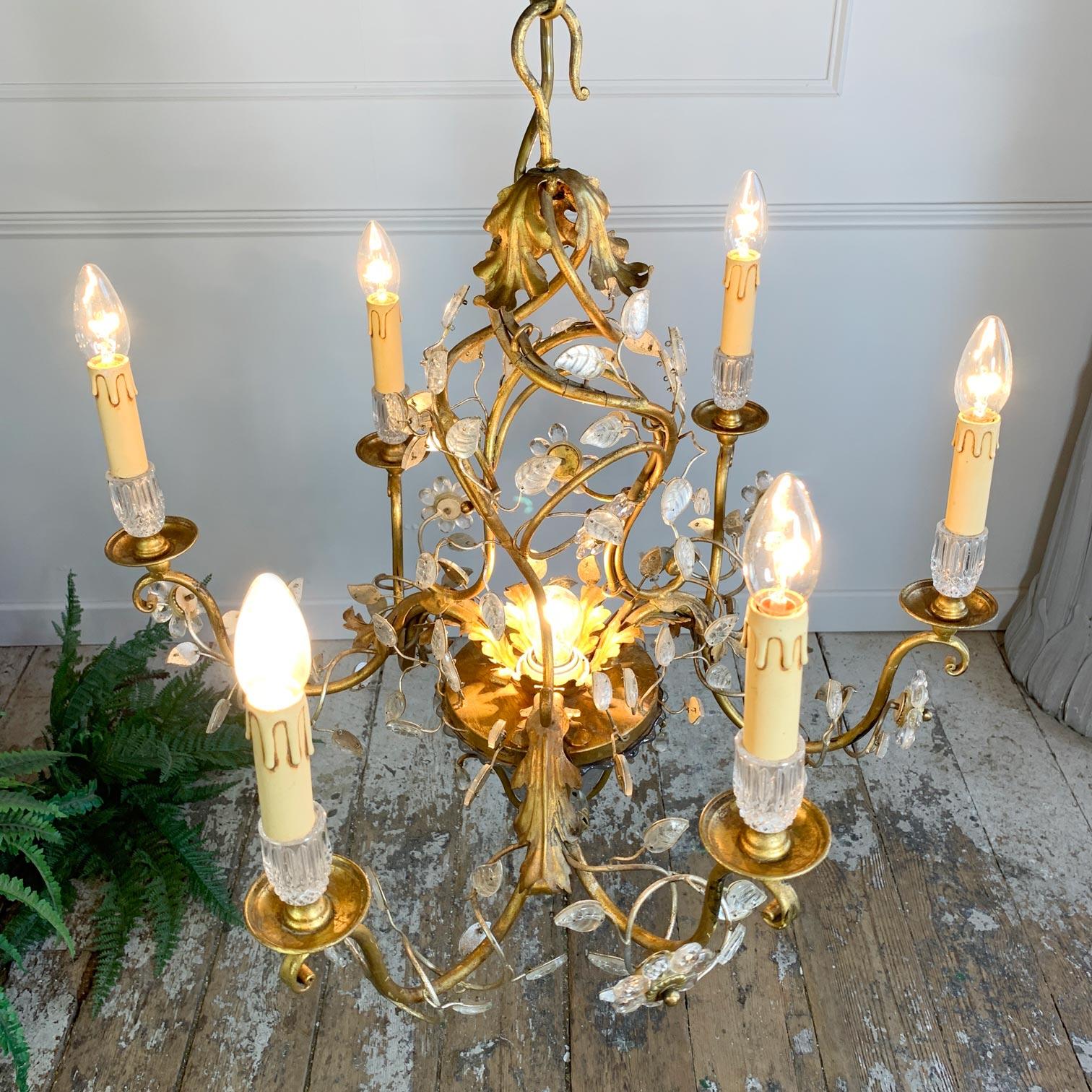 1950's Banci Firenze Gold Crystal Floral Chandelier For Sale 2