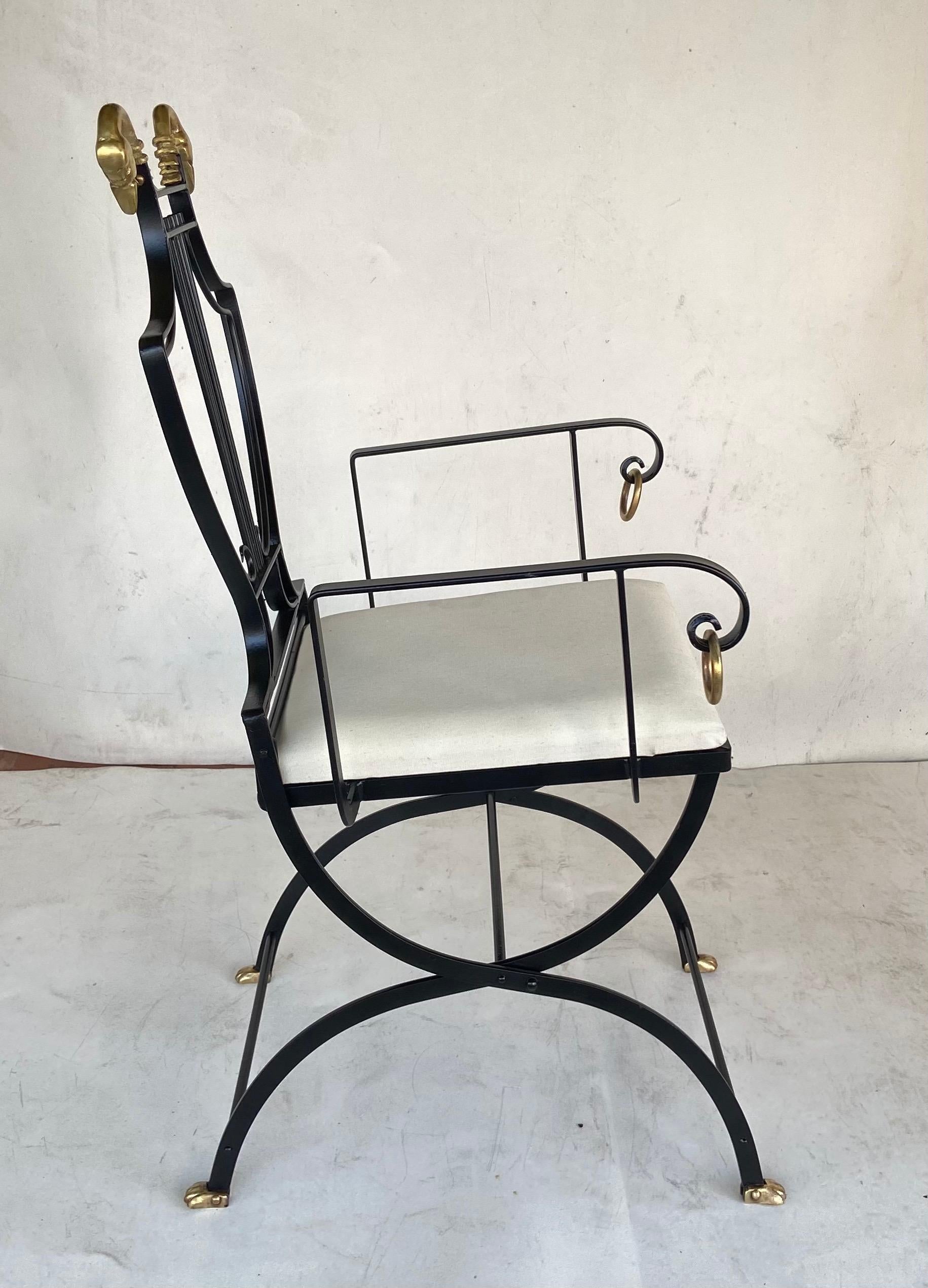1950s Maison Jansen Style of Neoclassical Wrought Iron Lyre Arm Back Chair with In Good Condition For Sale In West Palm Beach, FL