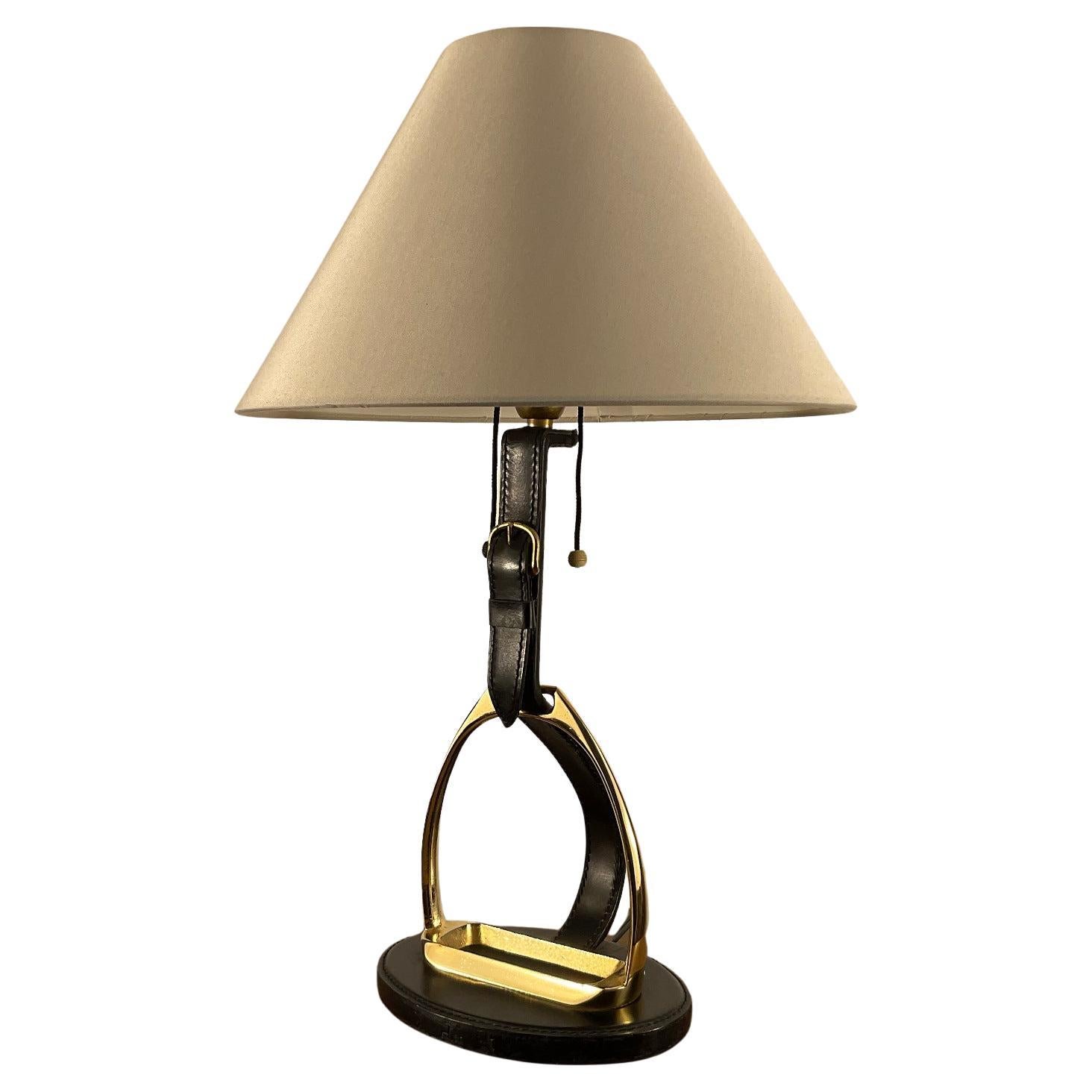 1950s Maison Longchamp Table Lamp in Stitched Leather with a Brass Stirrup