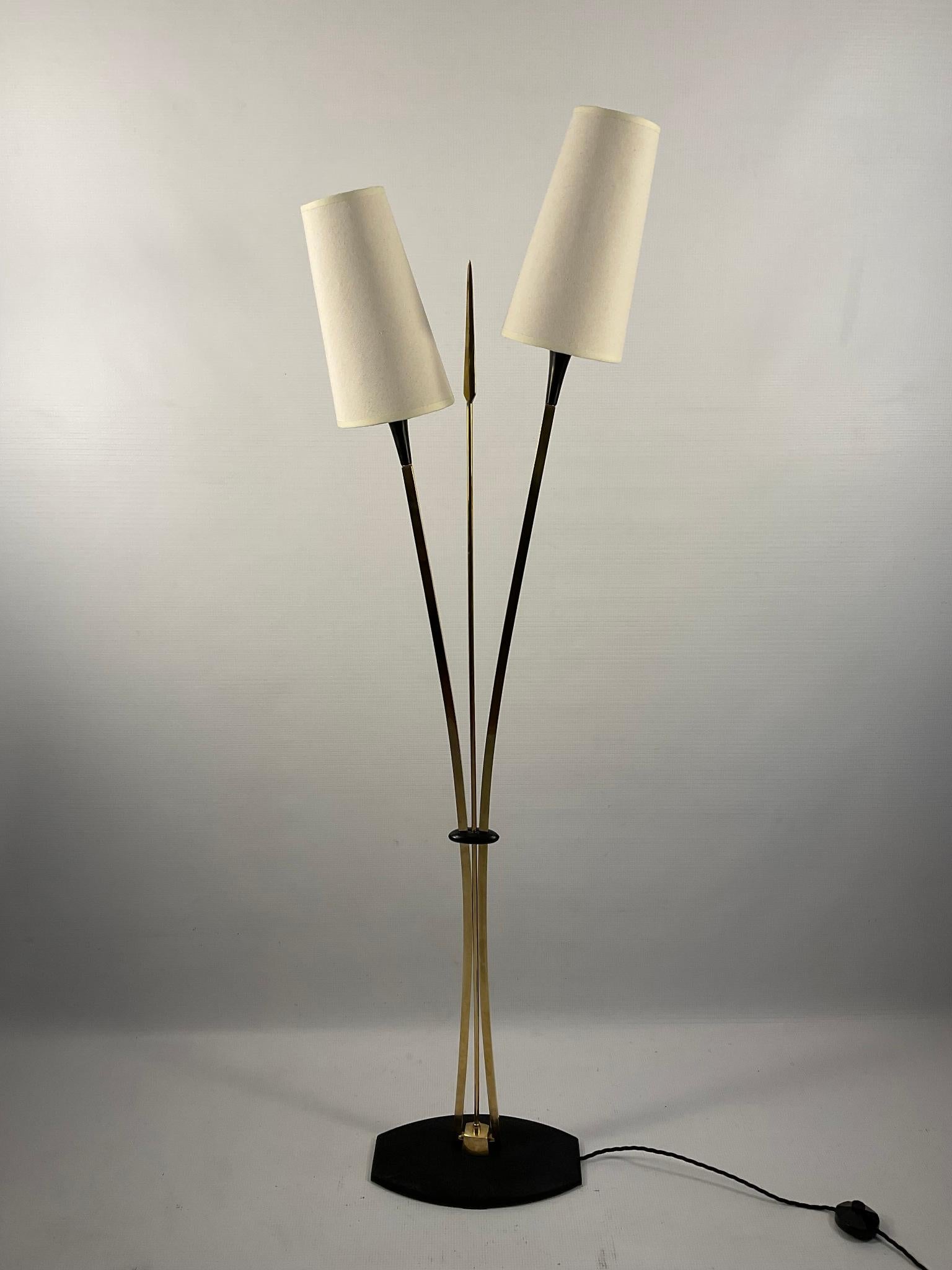 1950s Maison Lunel Floor Lamp with Two Brass Arms and a Decorative Brass Spear For Sale 3