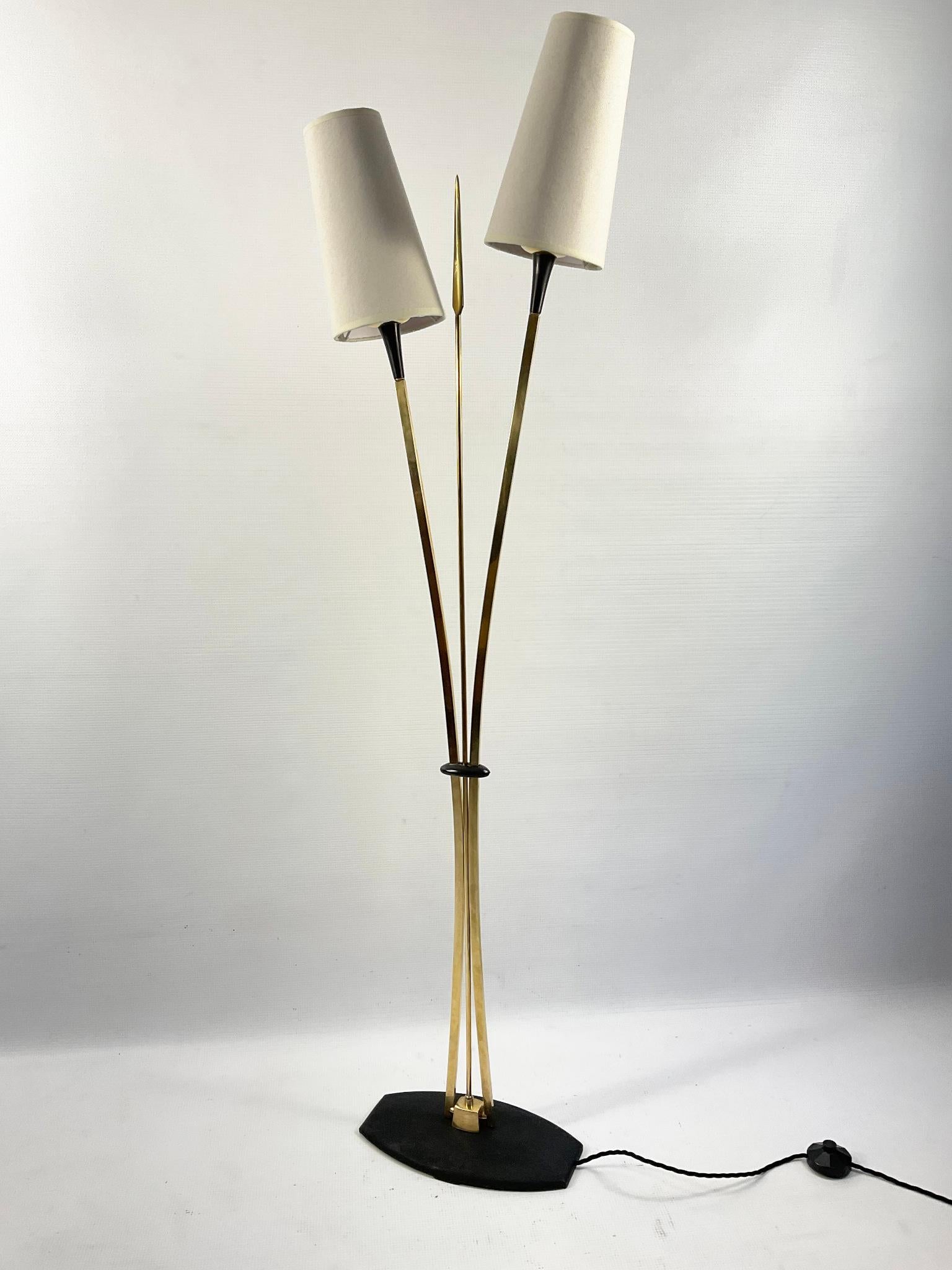 1950s Maison Lunel Floor Lamp with Two Brass Arms and a Decorative Brass Spear For Sale 5