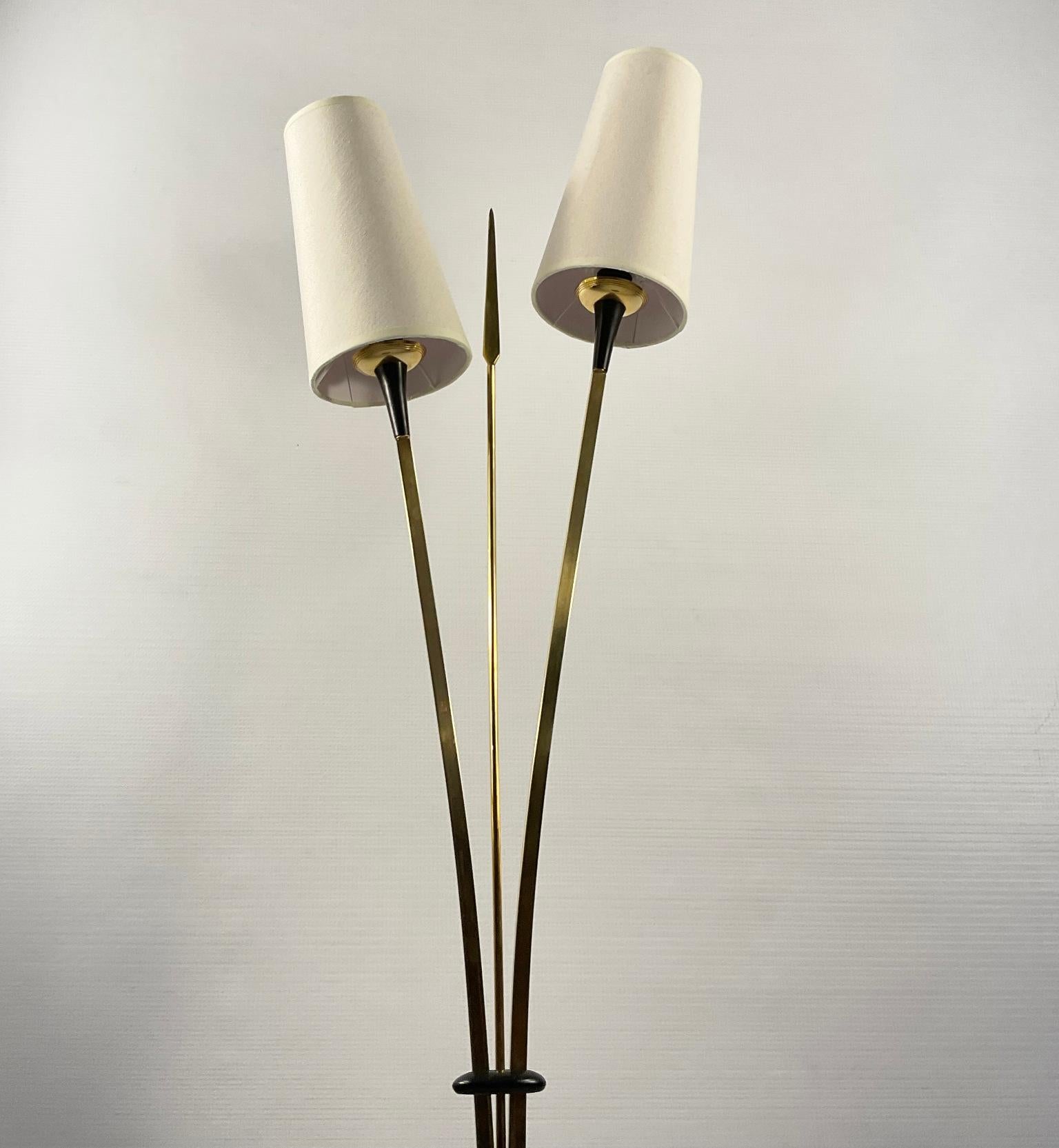 1950s Maison Lunel Floor Lamp with Two Brass Arms and a Decorative Brass Spear For Sale 7
