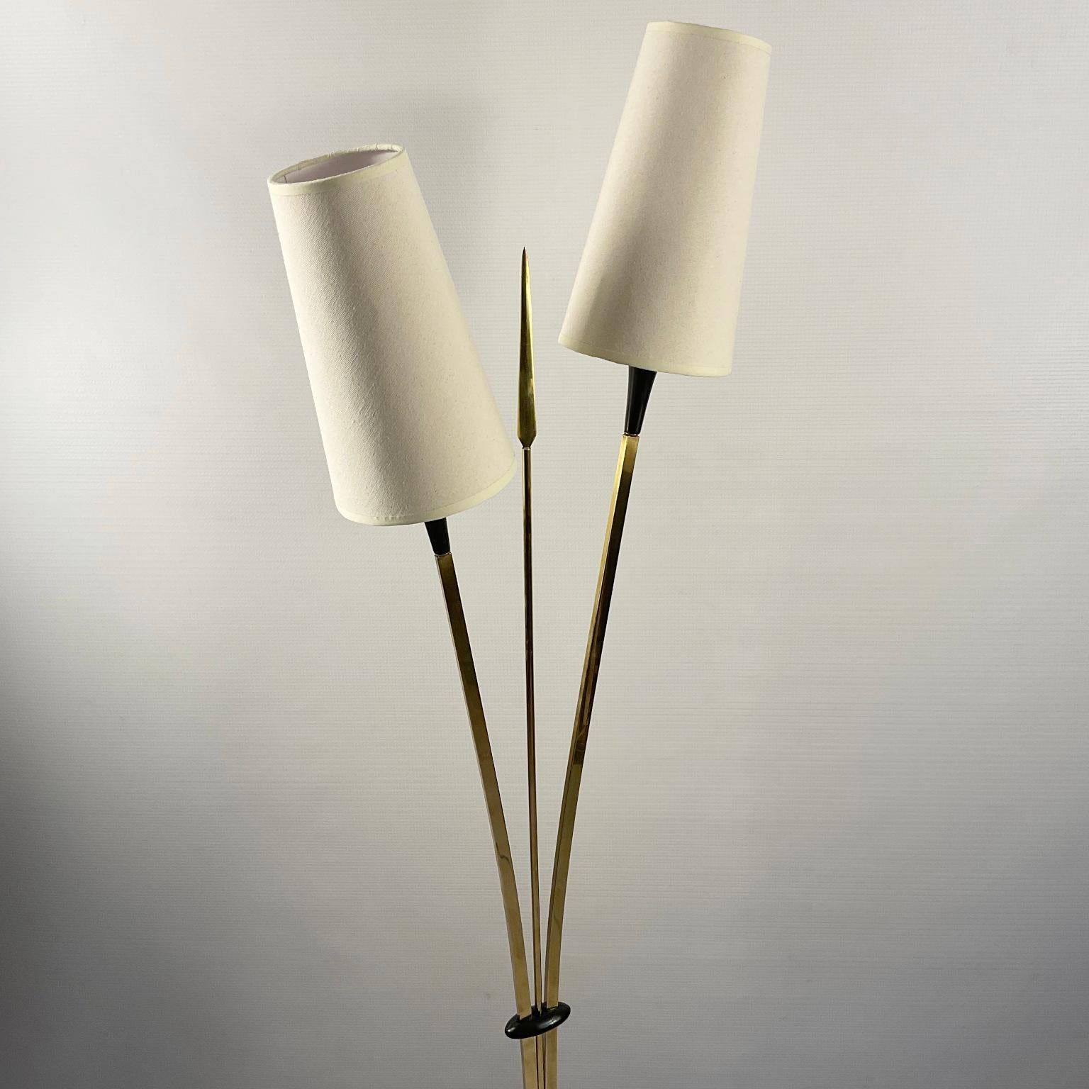 Mid-Century Modern 1950s Maison Lunel Floor Lamp with Two Brass Arms and a Decorative Brass Spear For Sale