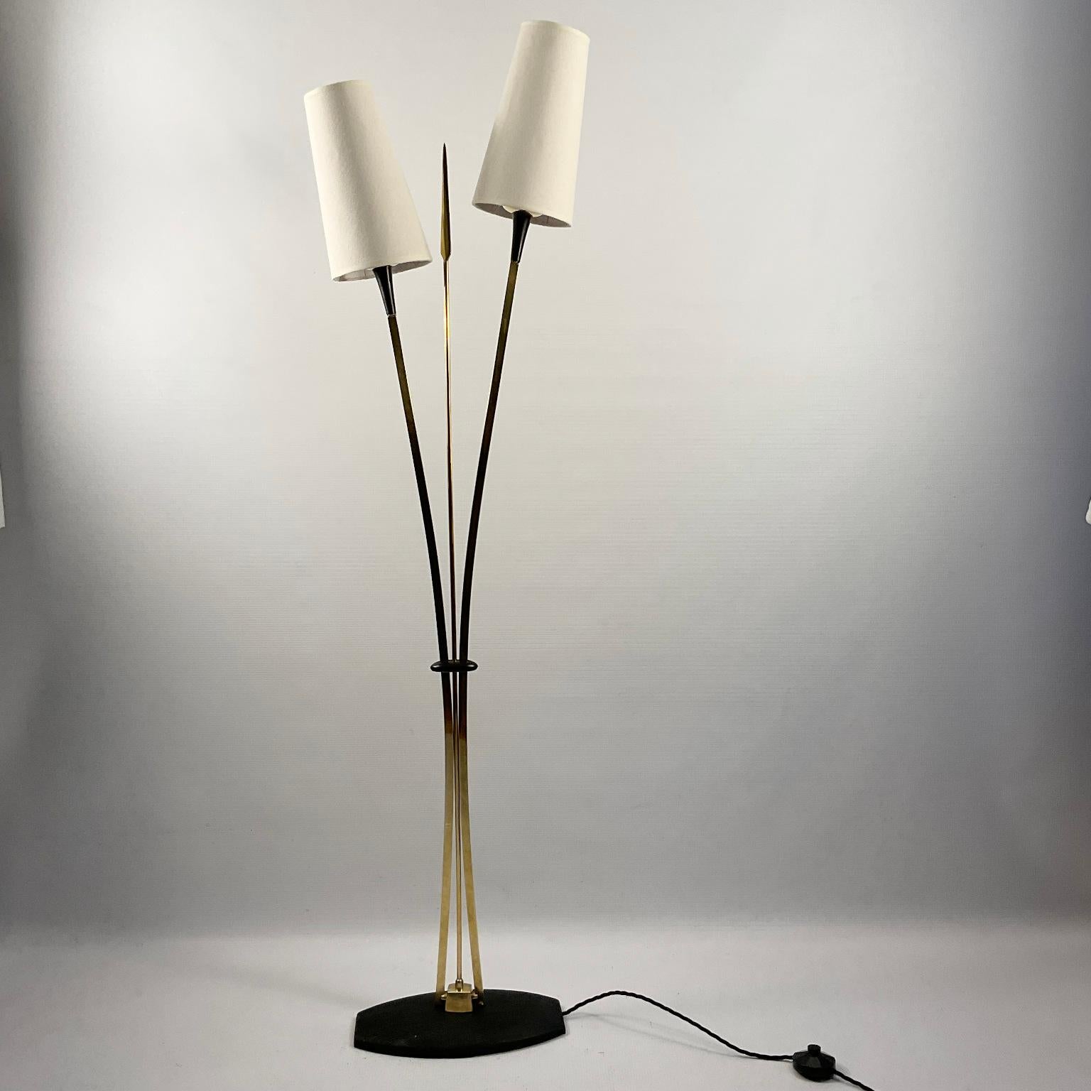 French 1950s Maison Lunel Floor Lamp with Two Brass Arms and a Decorative Brass Spear For Sale