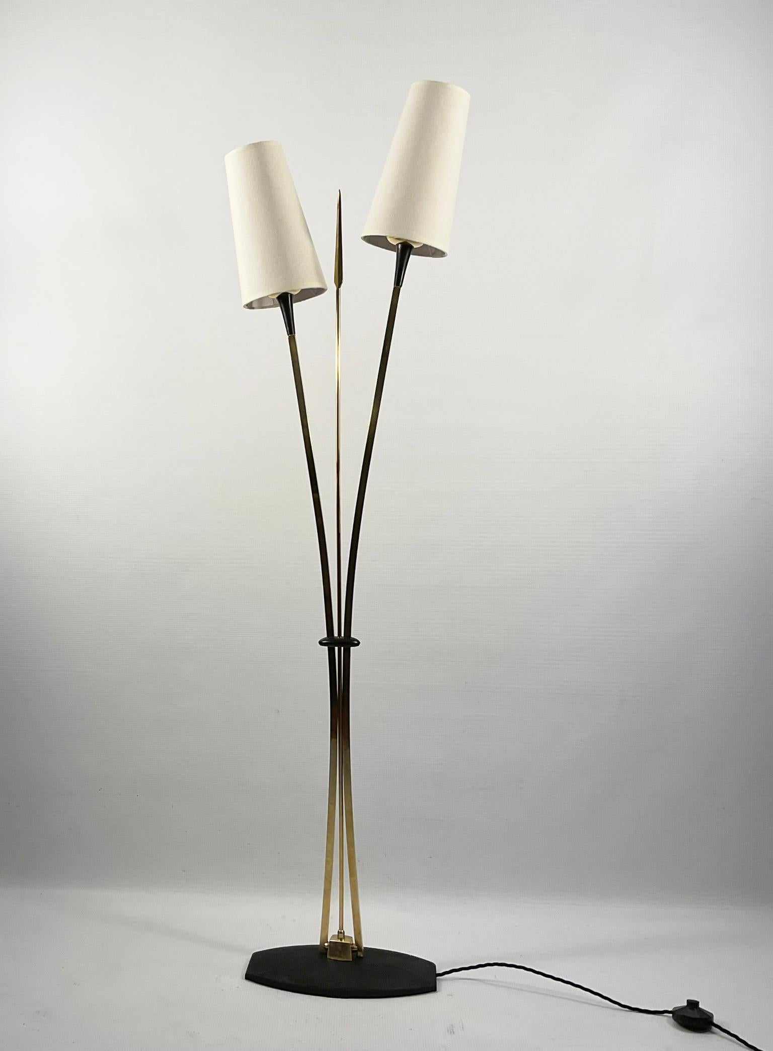 Metalwork 1950s Maison Lunel Floor Lamp with Two Brass Arms and a Decorative Brass Spear For Sale