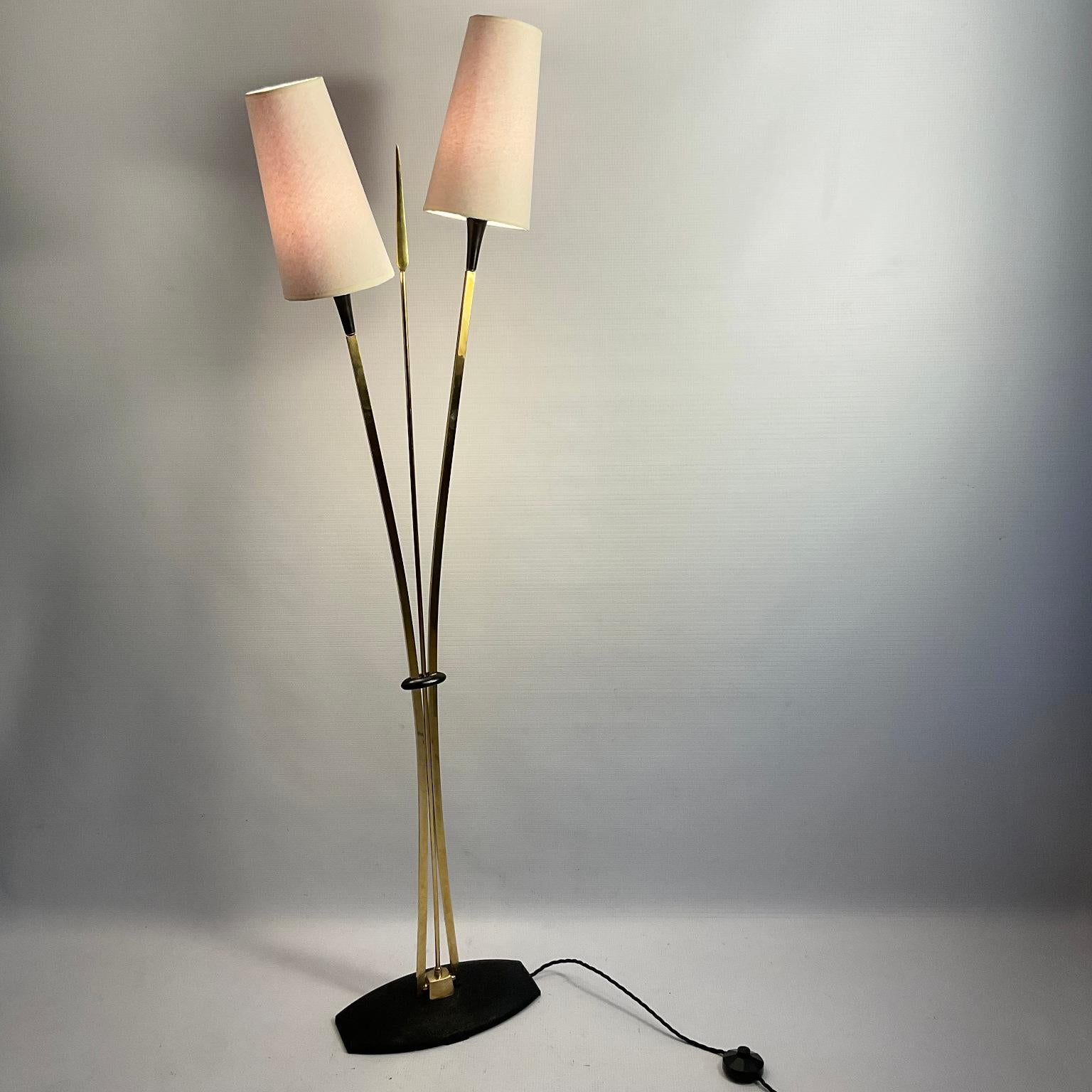 Mid-20th Century 1950s Maison Lunel Floor Lamp with Two Brass Arms and a Decorative Brass Spear For Sale
