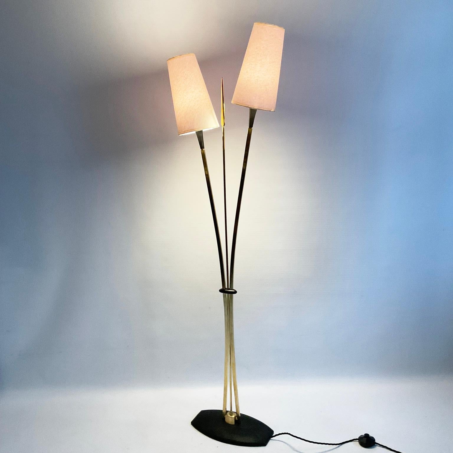1950s Maison Lunel Floor Lamp with Two Brass Arms and a Decorative Brass Spear For Sale 1