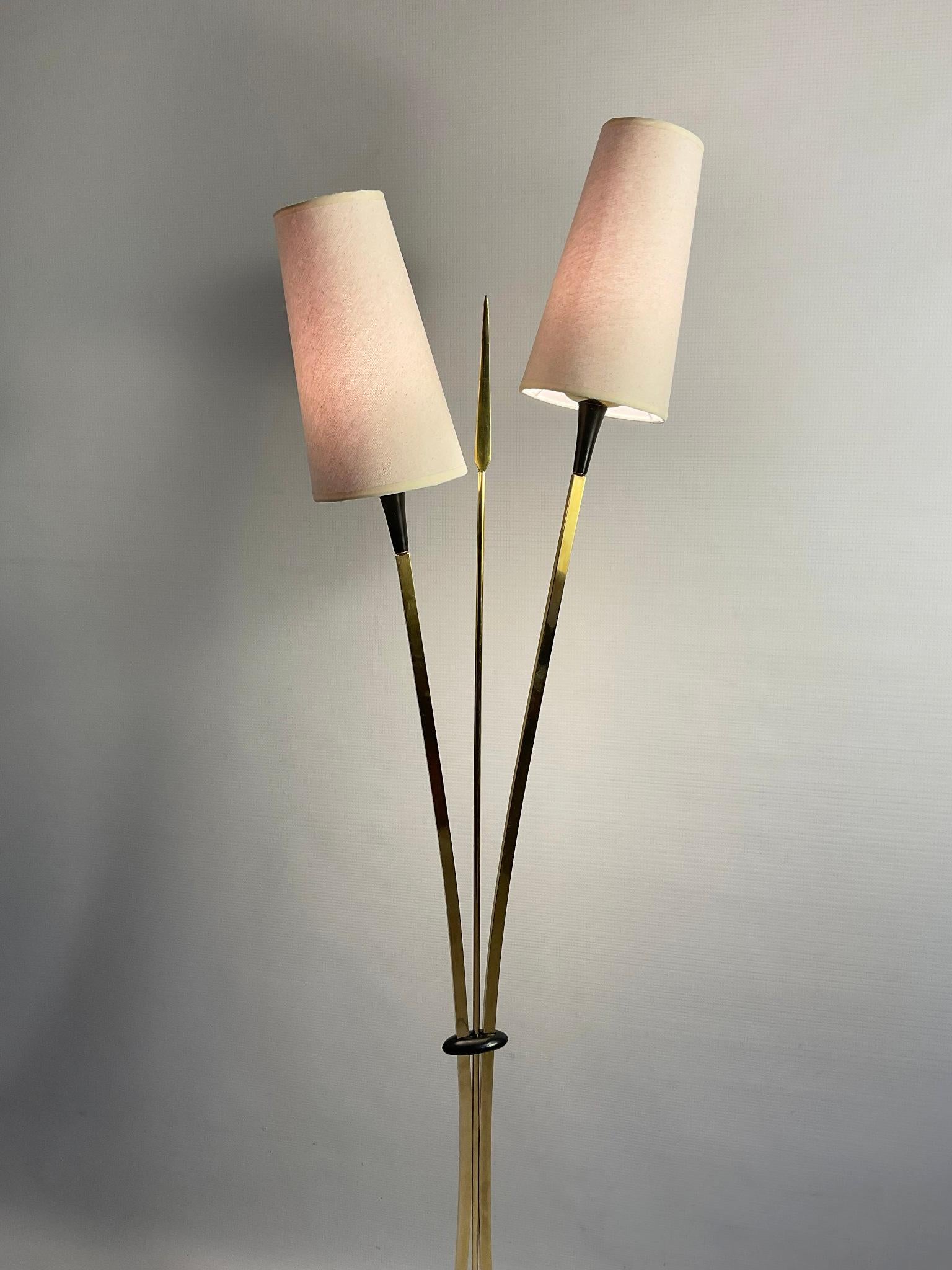 1950s Maison Lunel Floor Lamp with Two Brass Arms and a Decorative Brass Spear For Sale 2