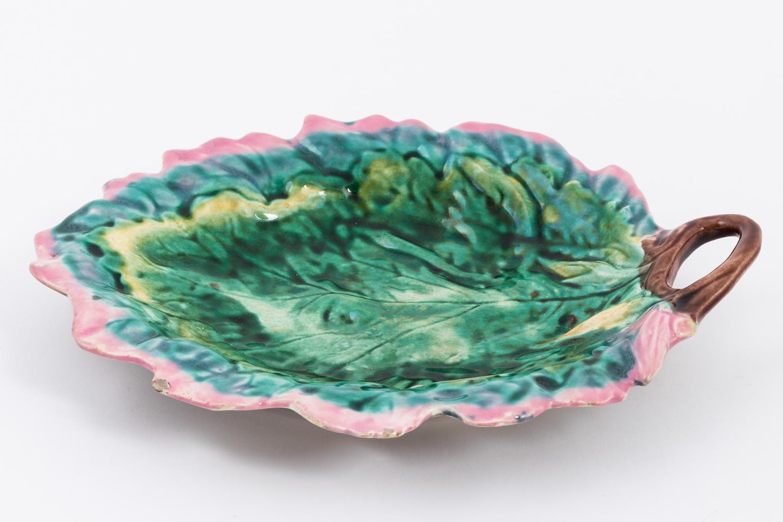 1950s Majolica leaf serving dish, green with pink edges.