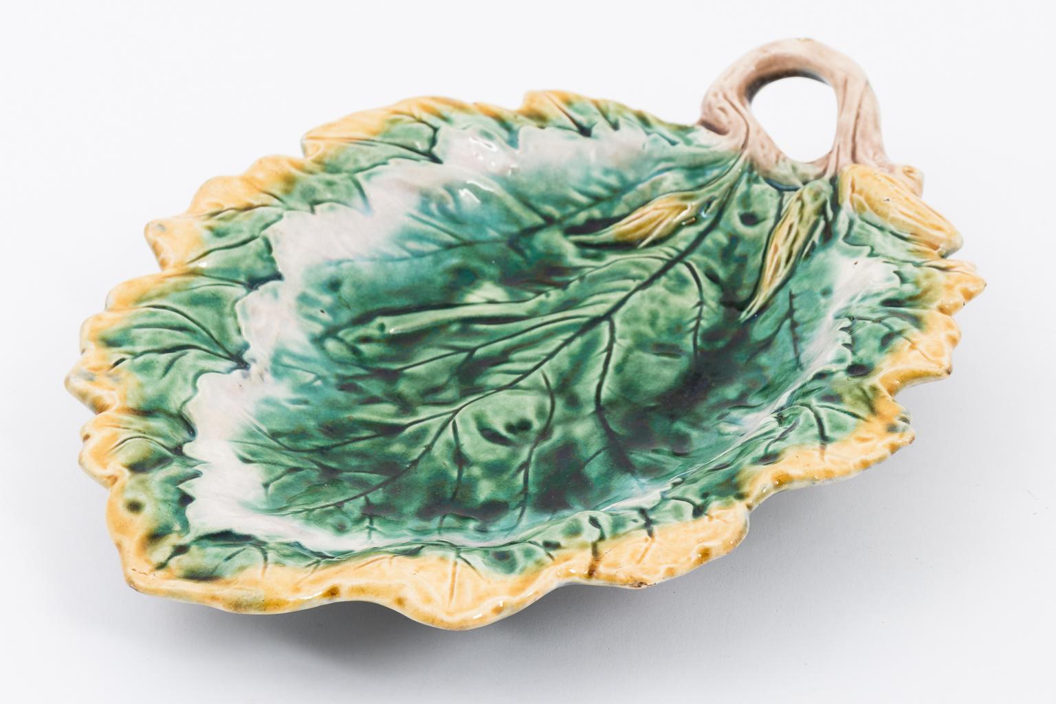 Painted 1950s Majolica Leaf Serving Dish