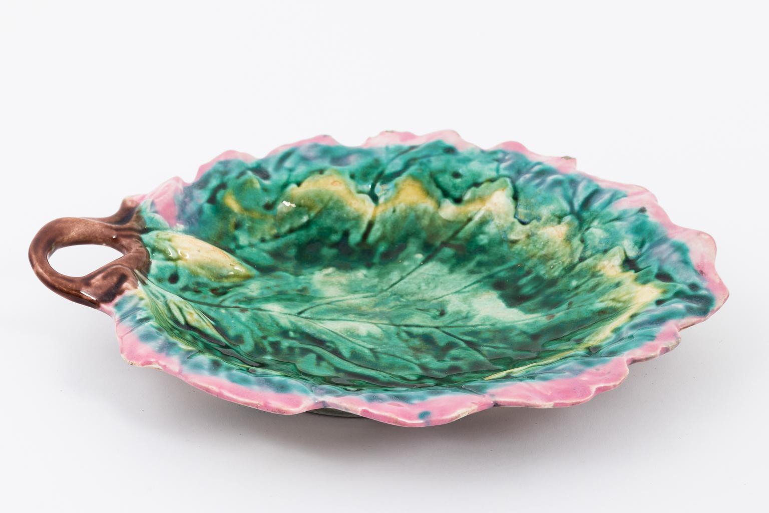 Painted 1950s Majolica Leaf Serving Dish