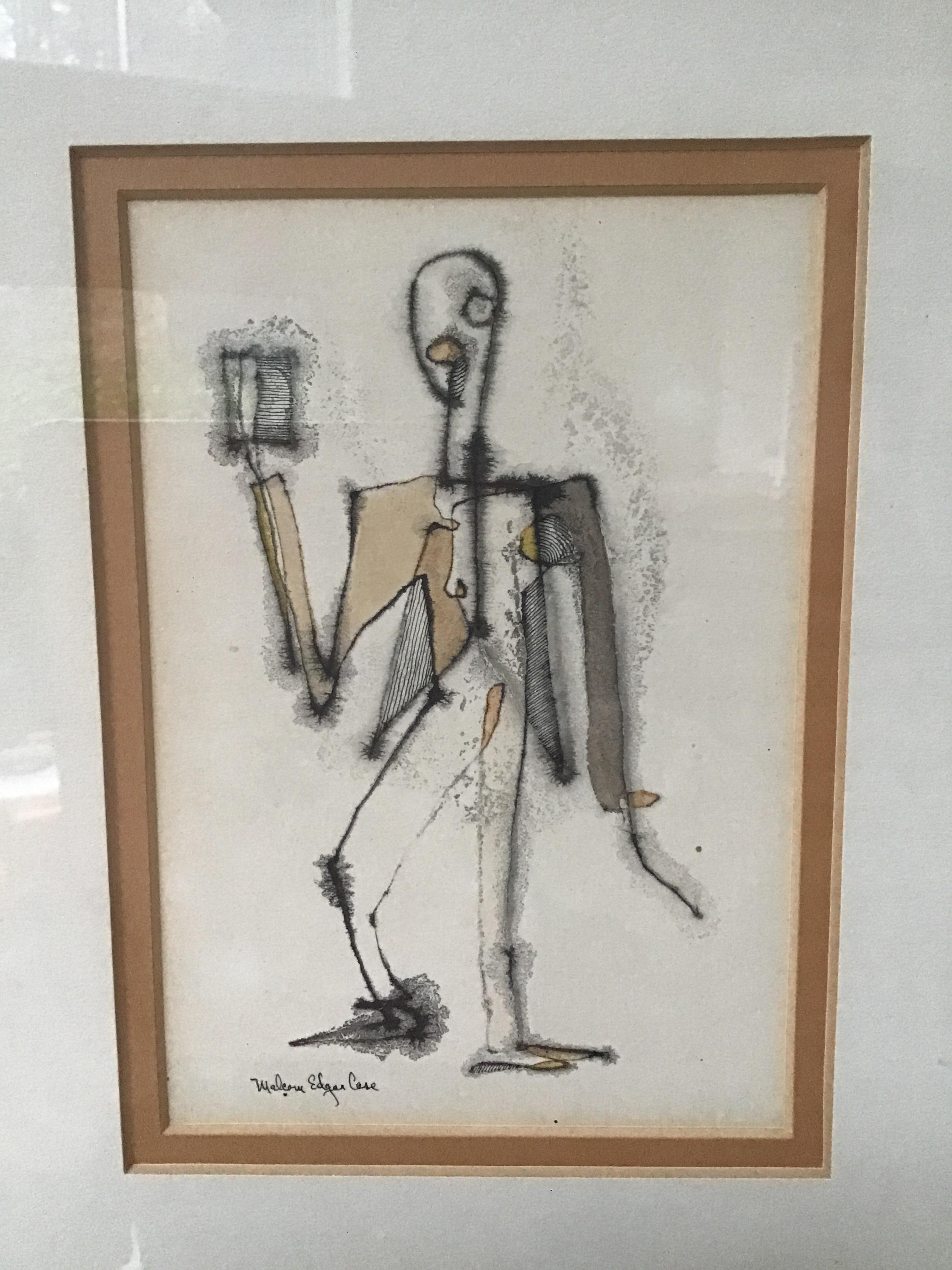 1950s Malcom Edgar case ink and watercolor on paper of a man.